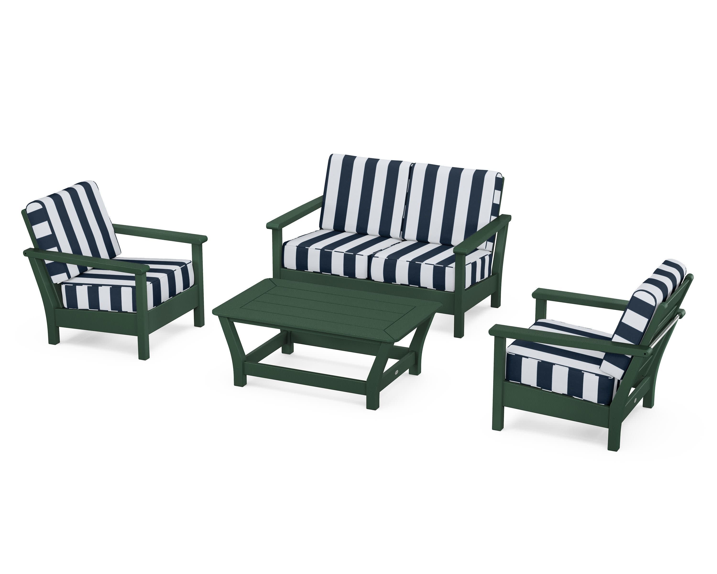 Harbour 4-Piece Deep Seating Set in Green / Cabana Stripe Marine Indigo