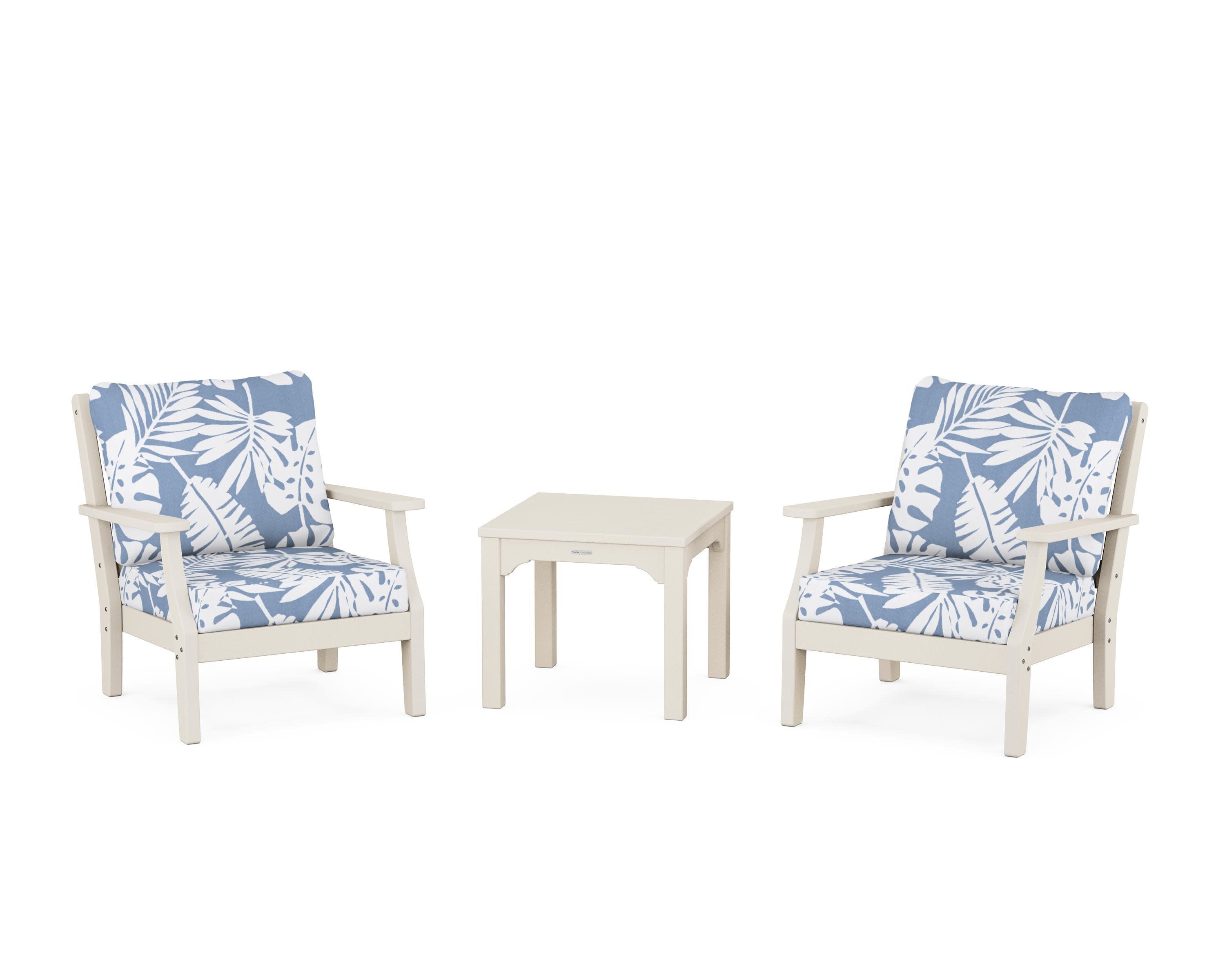 Chinoiserie 3-Piece Deep Seating Set in Sand / Leaf Sky Blue