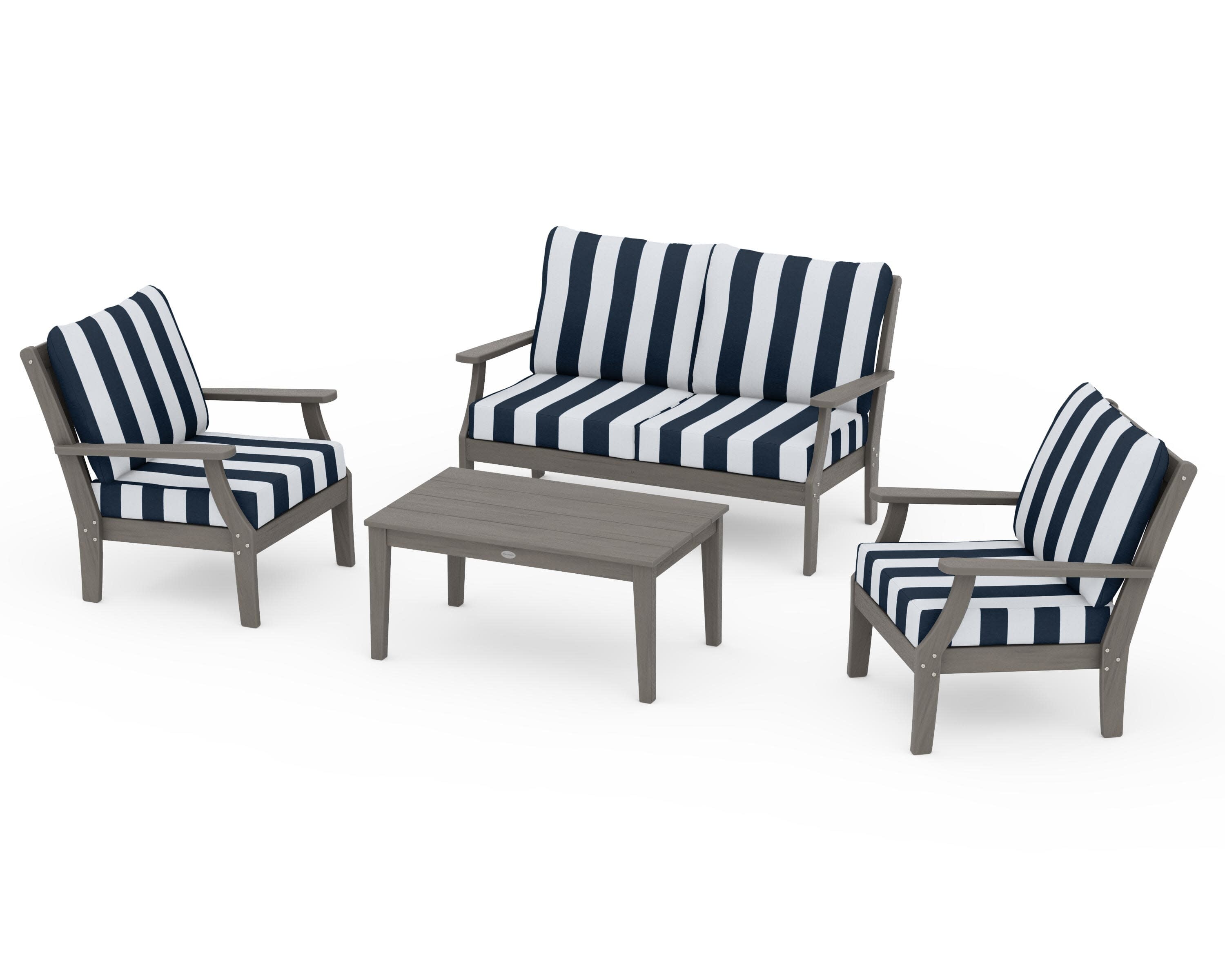 Braxton 4-Piece Deep Seating Chair Set in Driftwood / Cabana Stripe Marine Indigo