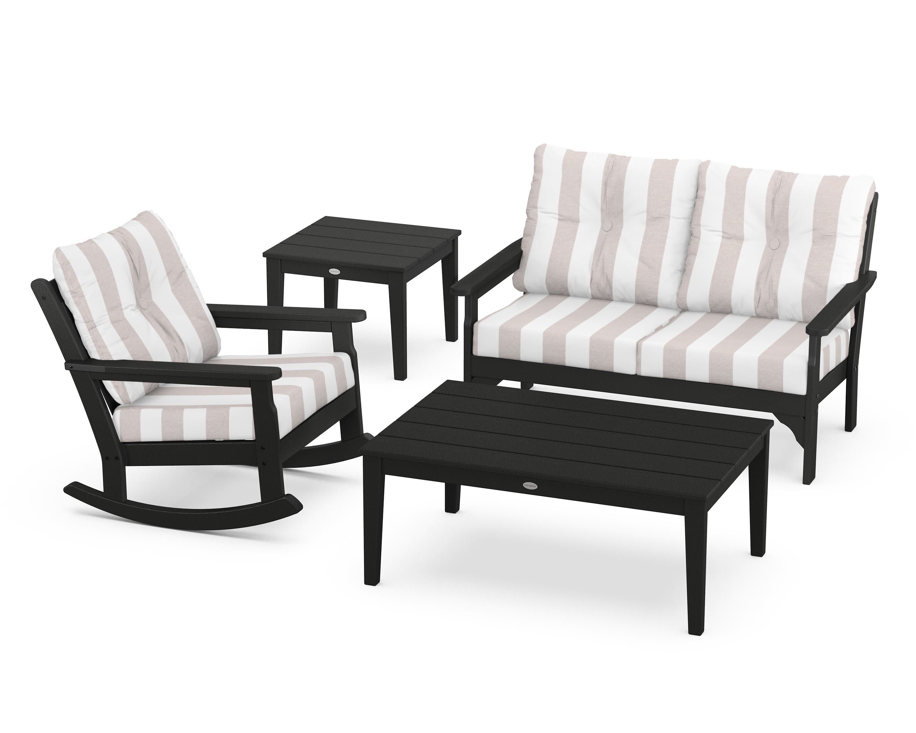 Vineyard 4-Piece Deep Seating Rocker Set in Black / Cabana Stripe Dune Burlap