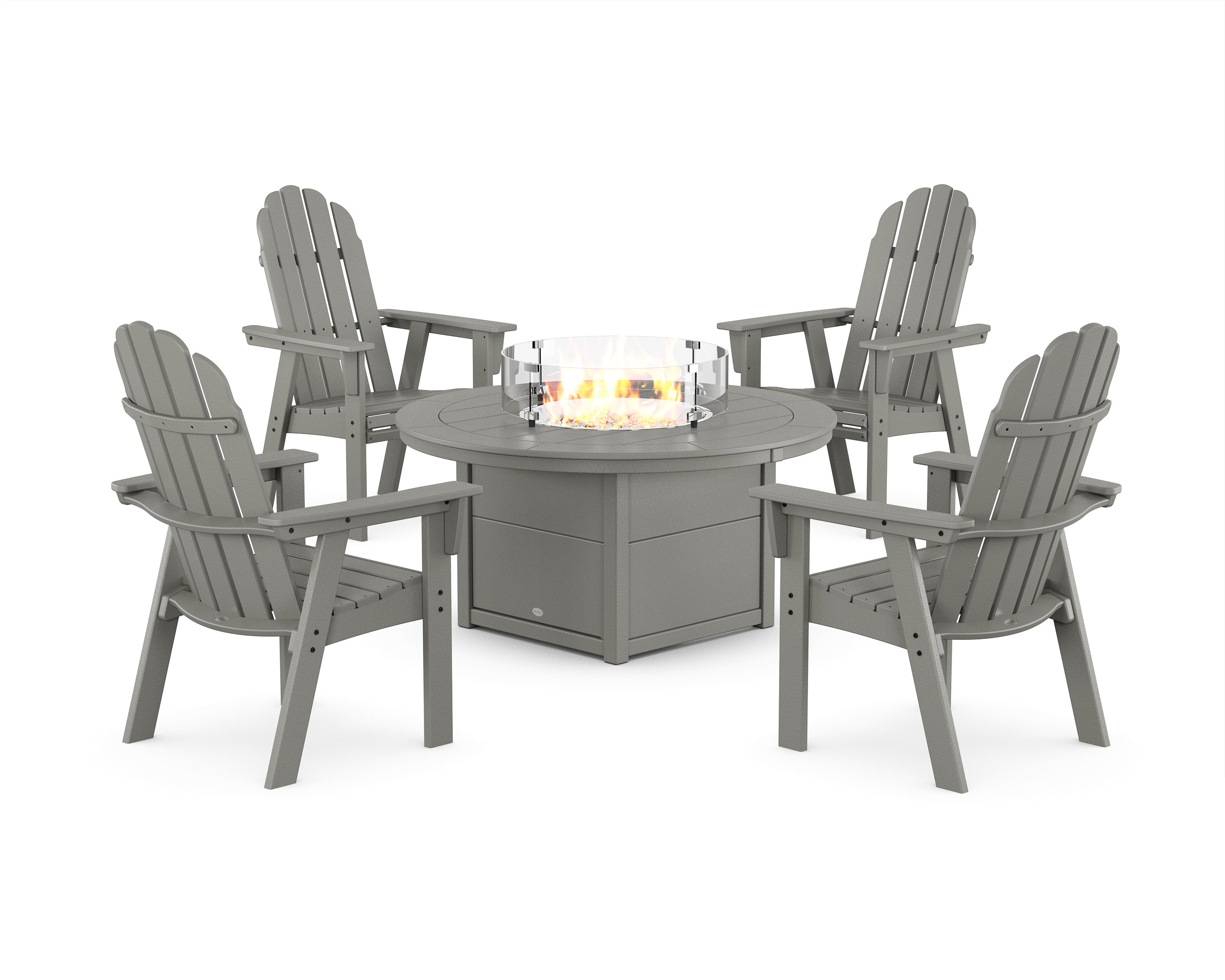 Vineyard 4-Piece Curveback Upright Adirondack Conversation Set with Fire Pit Table in Slate Grey