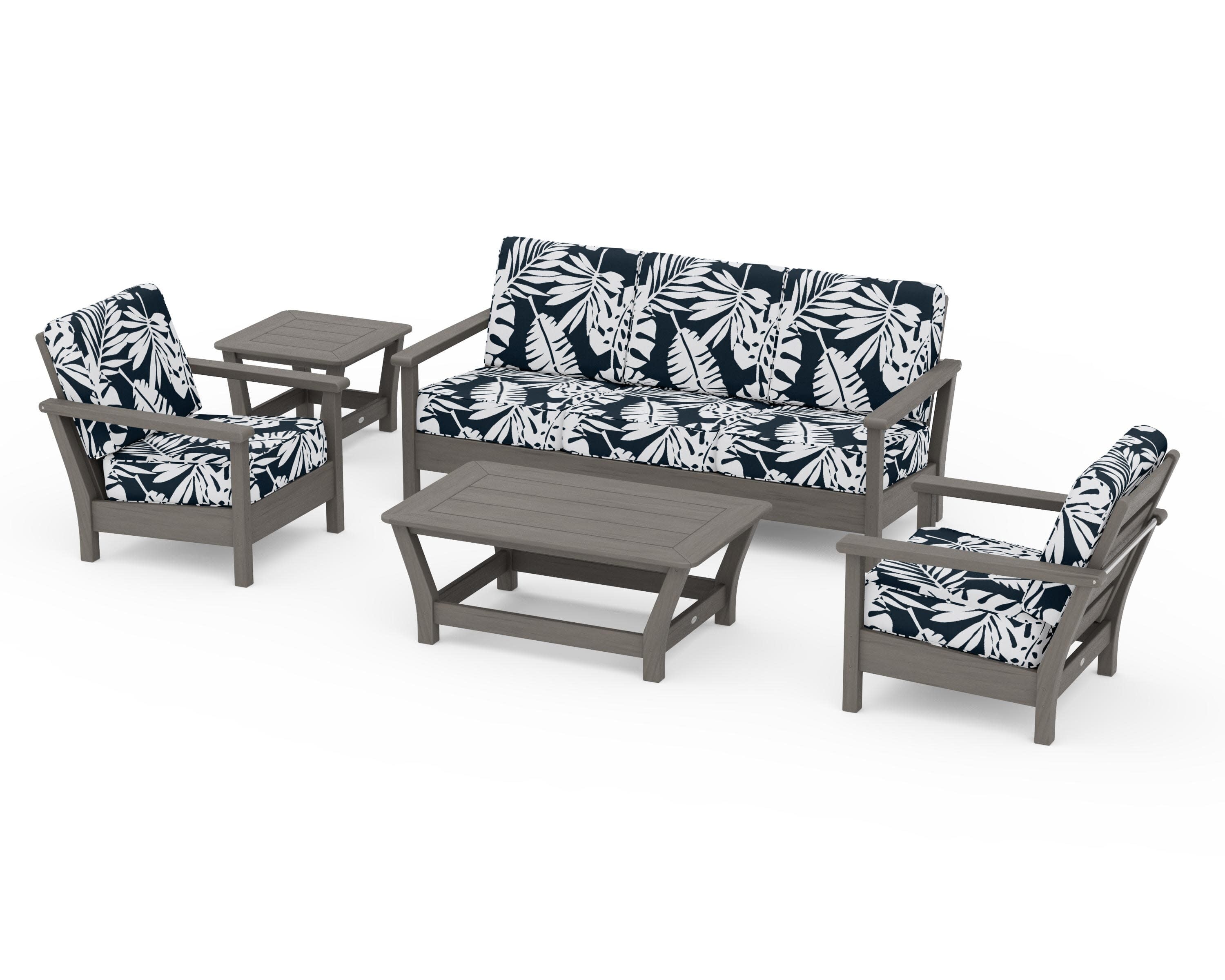 Harbour 5-Piece Deep Seating Set in Driftwood / Leaf Marine Indigo