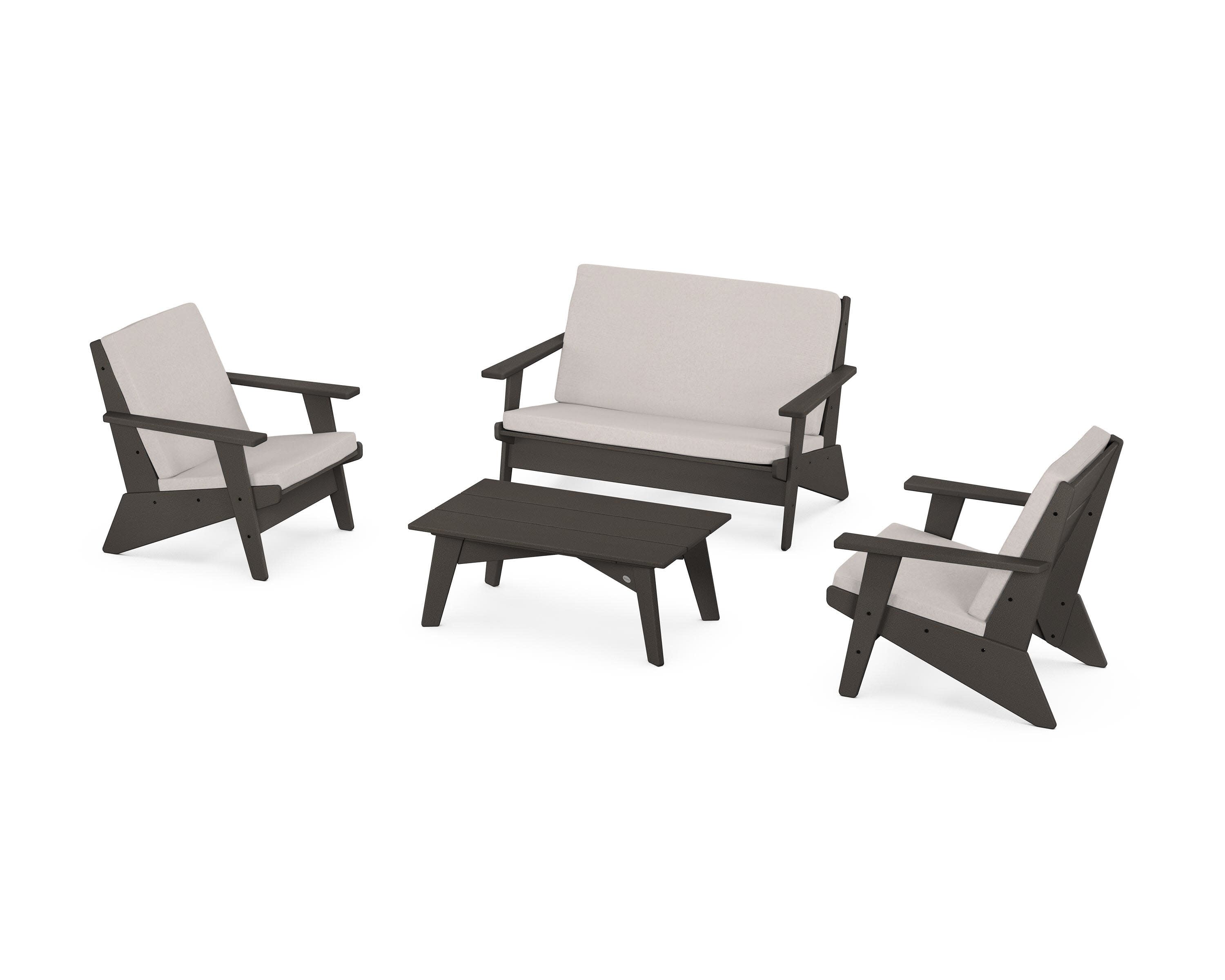 Riviera Modern Lounge 4-Piece Set in Vintage Coffee / Dune Burlap