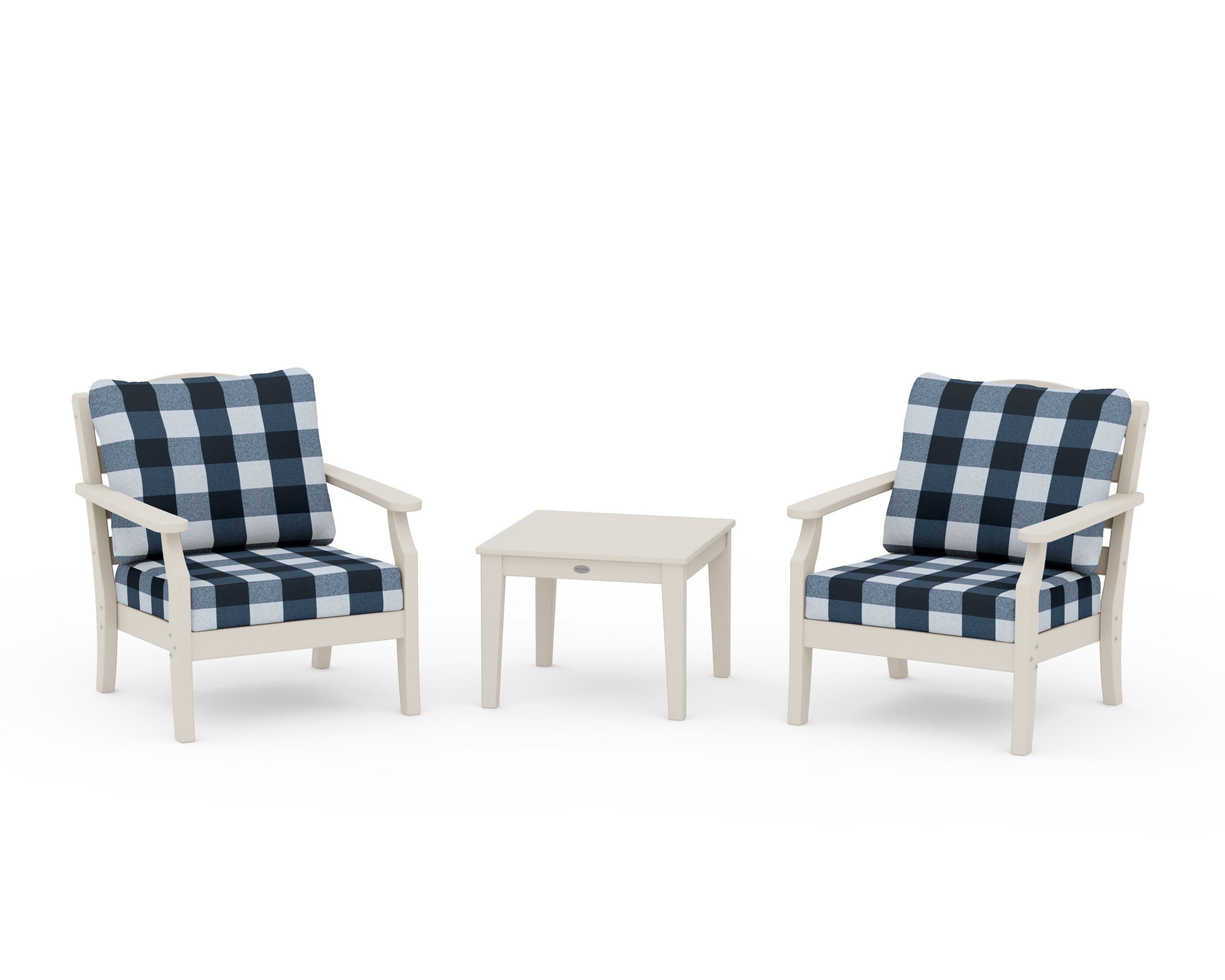 Savannah 3-Piece Deep Seating Set in Sand / Buffalo Plaid Marine Indigo