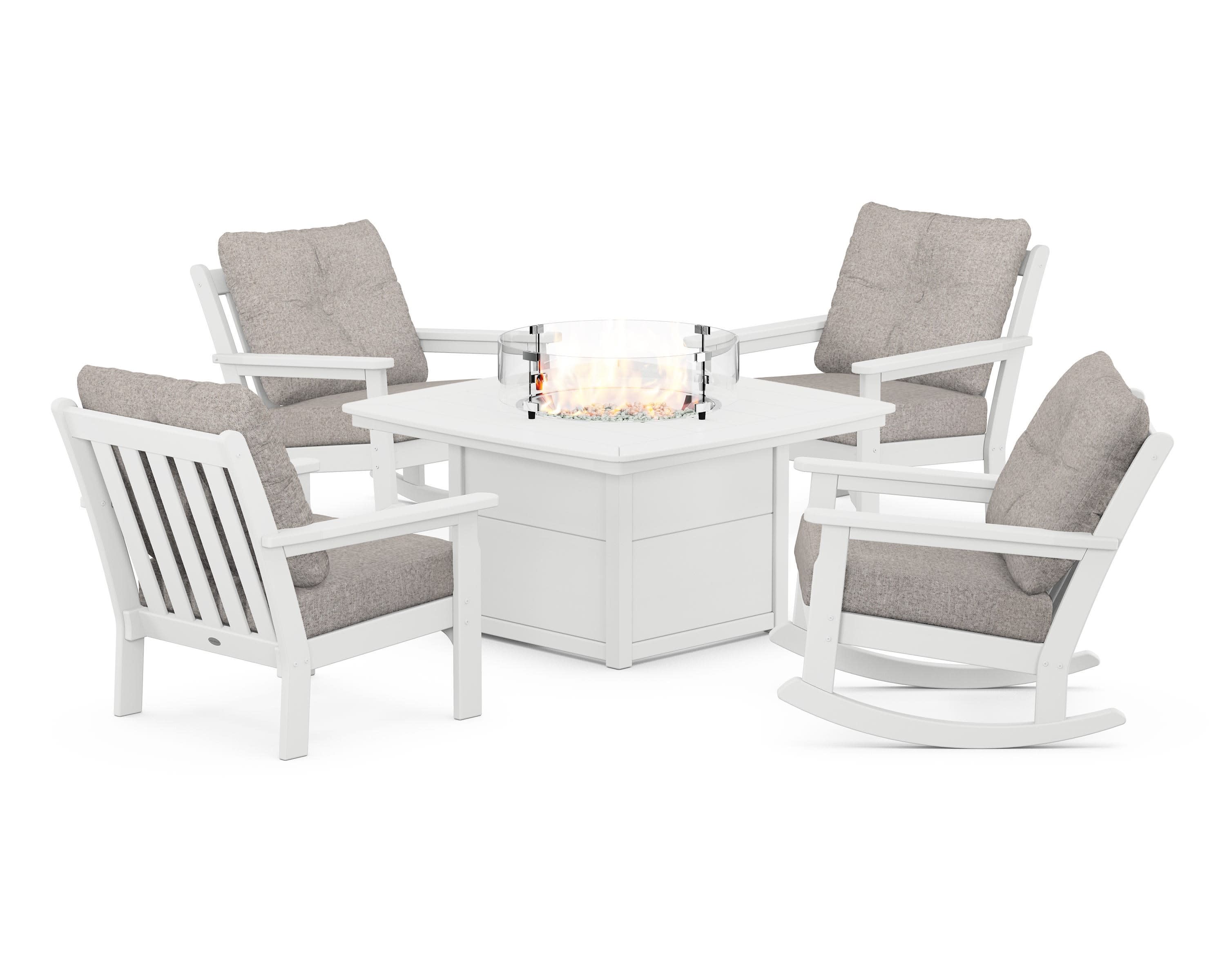 Vineyard 5-Piece Deep Seating Rocking Chair Conversation Set with Fire Pit Table in White / Weathered Tweed