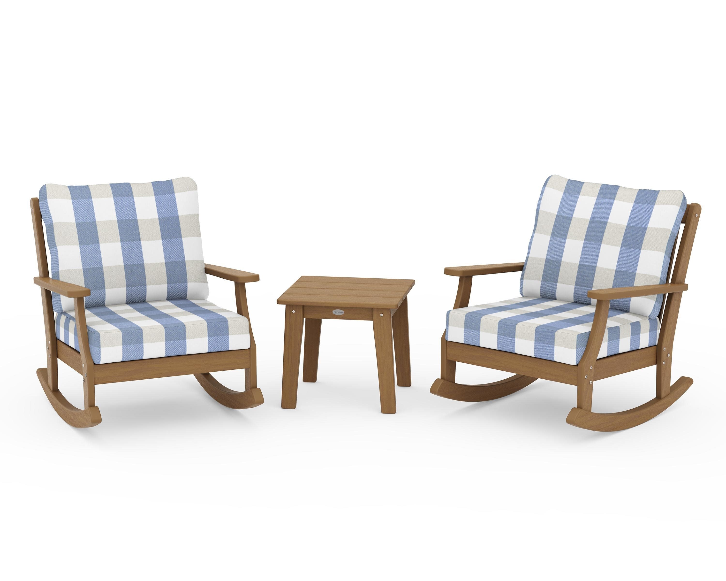 Braxton 3-Piece Deep Seating Rocker Set in Natural / Buffalo Plaid Sky Blue