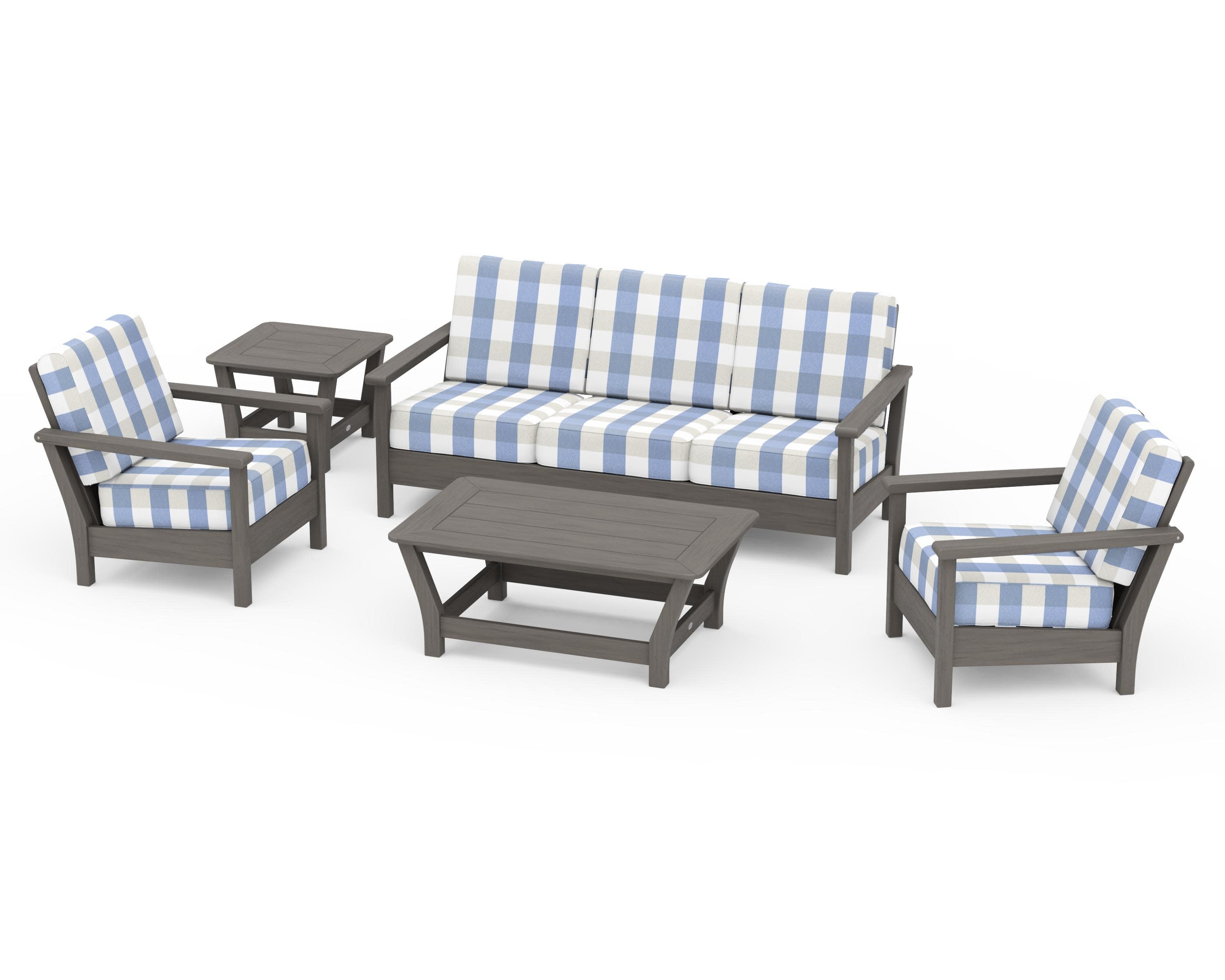 Harbour 5-Piece Deep Seating Set in Driftwood / Buffalo Plaid Sky Blue