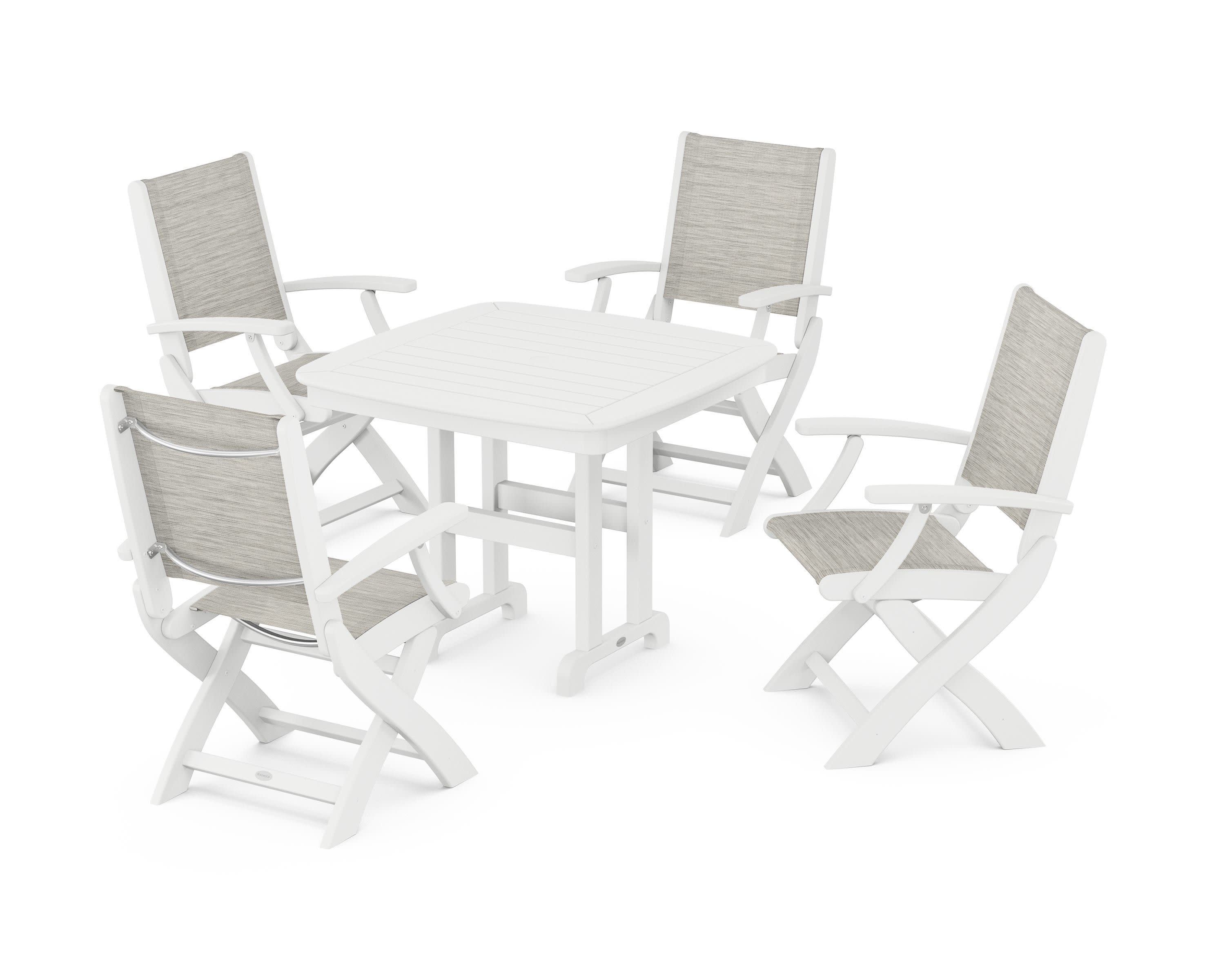 Coastal Folding Chair 5-Piece Dining Set in White / Birch Sling