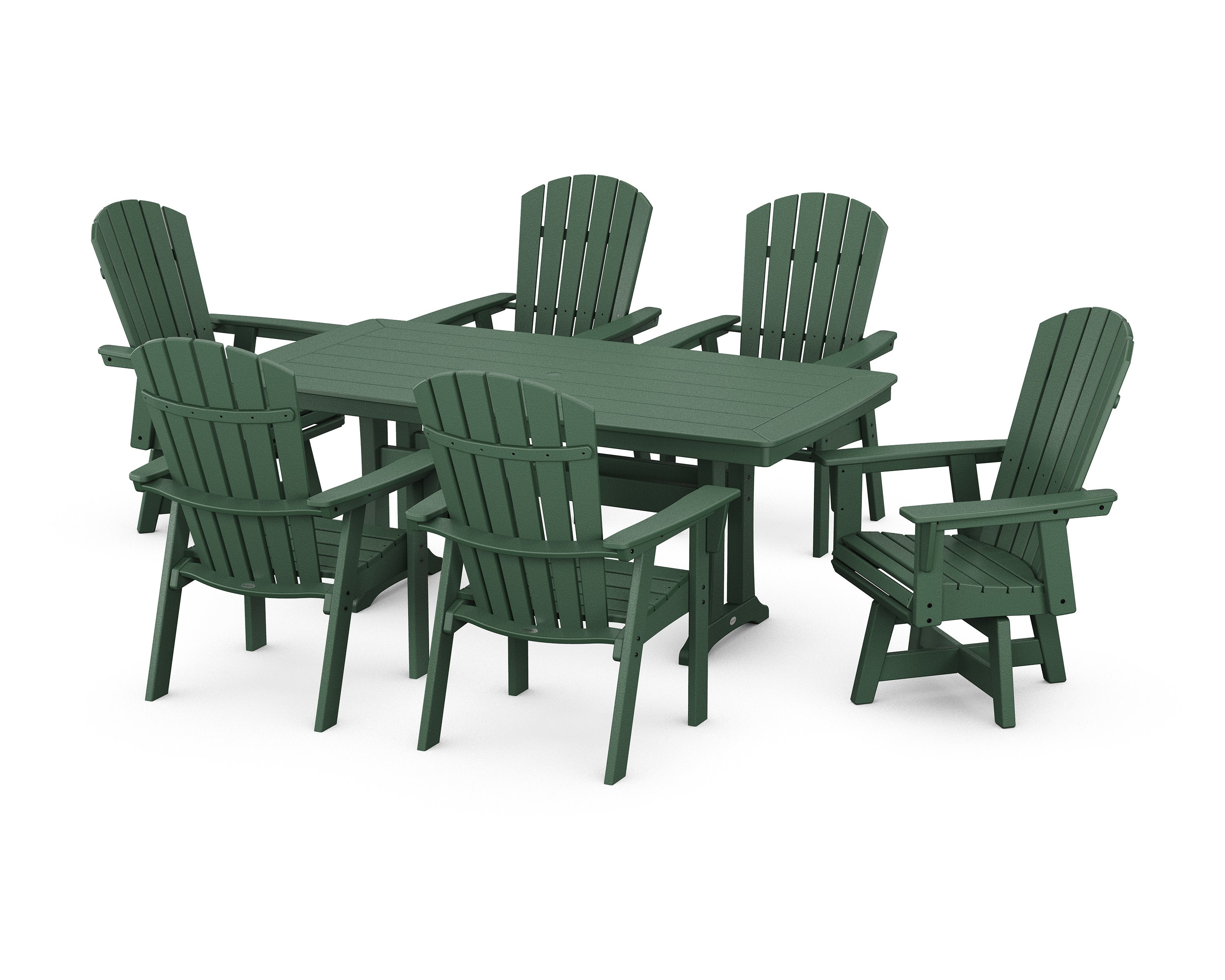 Nautical Curveback Adirondack Swivel Chair 7-Piece Dining Set with Trestle Legs in Green