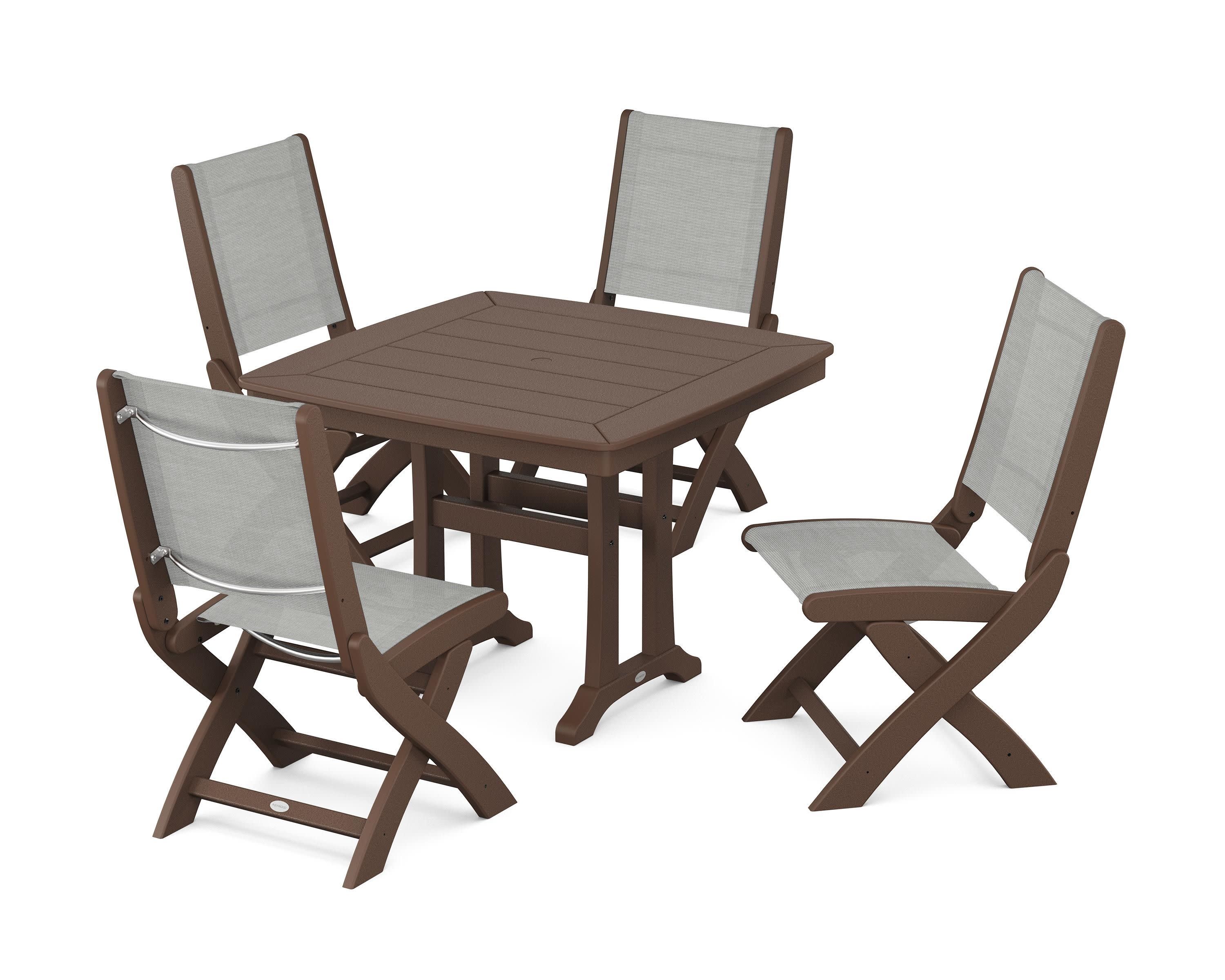Coastal Folding Side Chair 5-Piece Dining Set with Trestle Legs in Mahogany / Metallic Sling