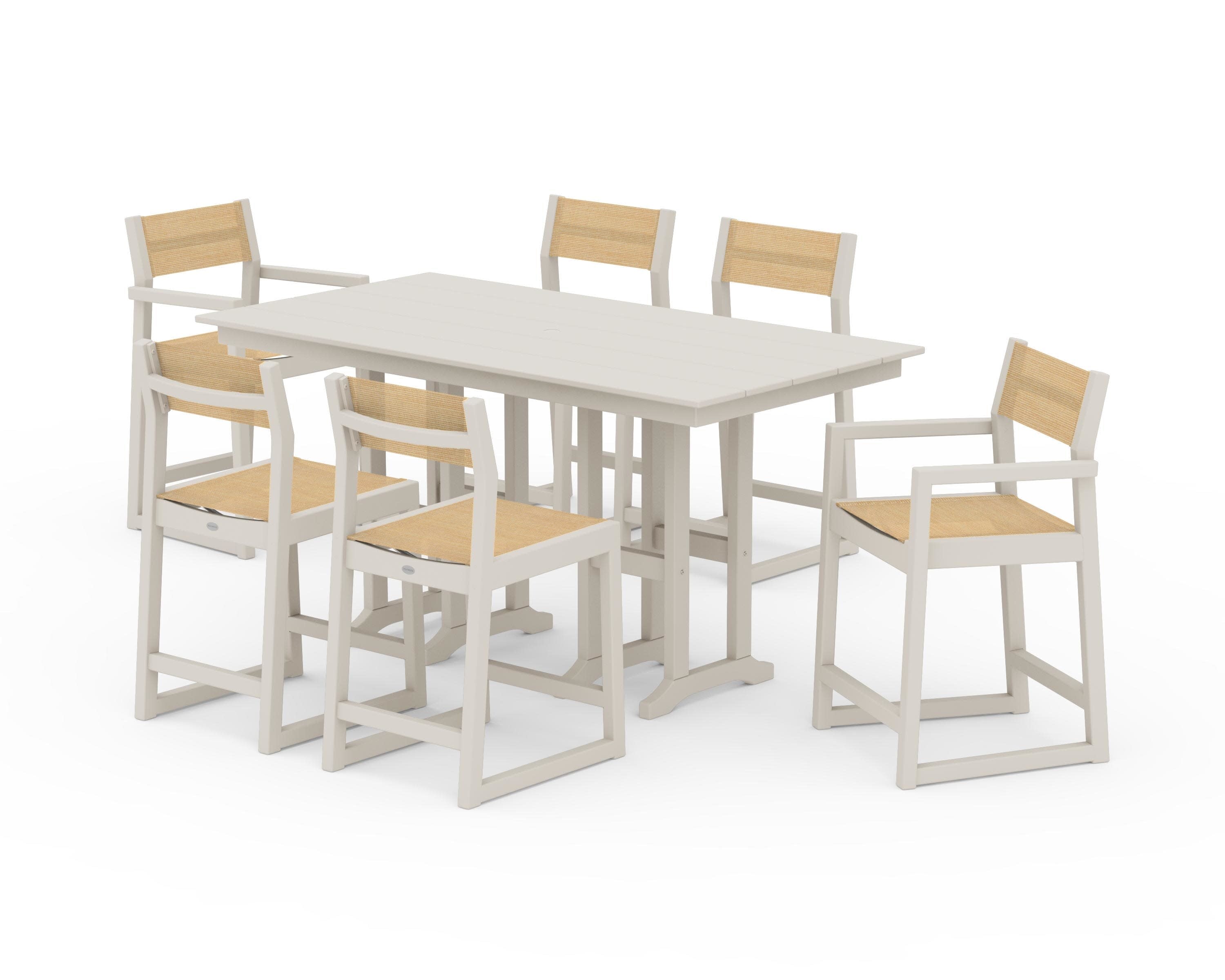 EDGE Sling 7-Piece Farmhouse Counter Set with Trestle Legs in Sand / Dupioni Apricot Sling