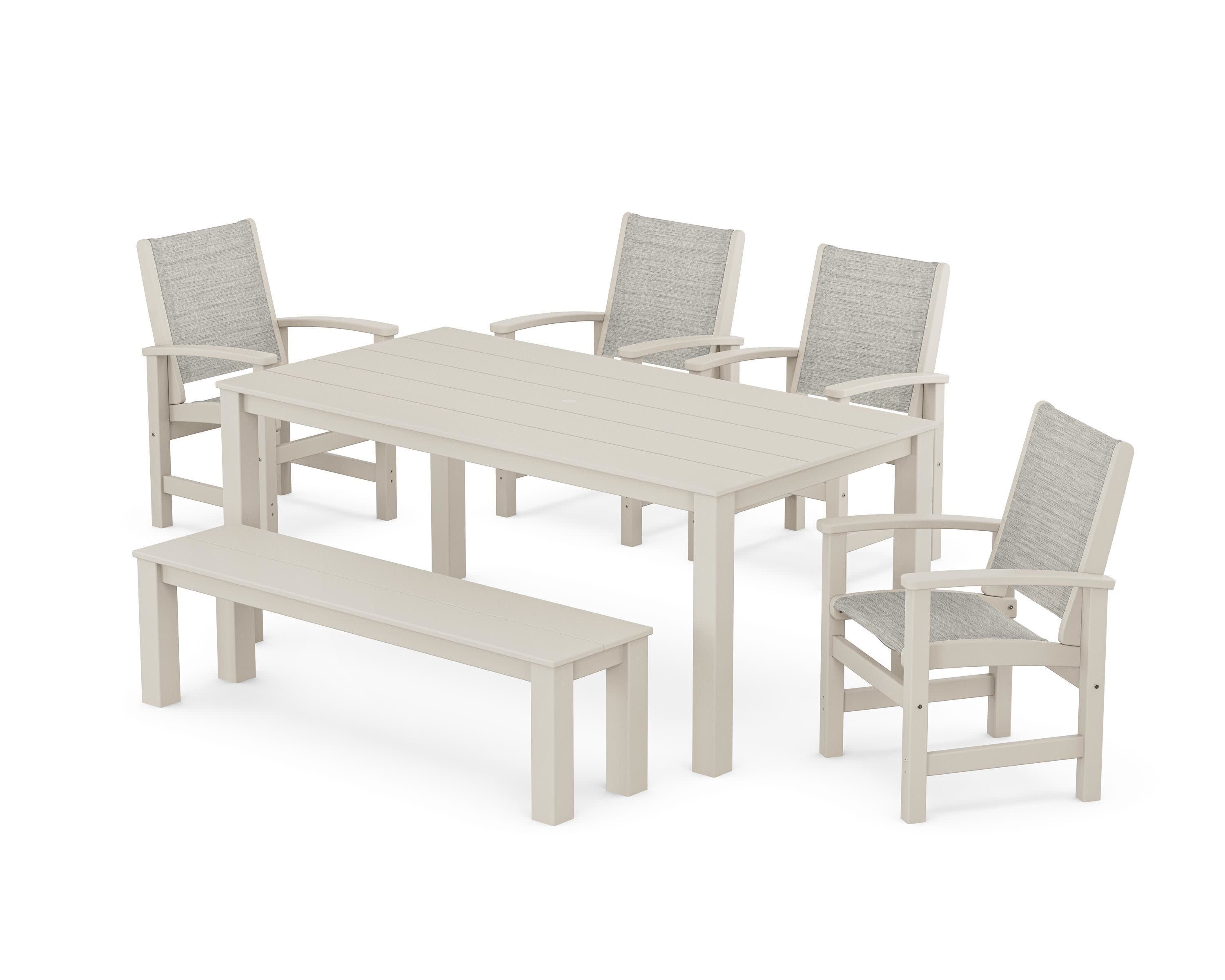 Coastal 6-Piece Parsons Dining Set with Bench in Sand / Birch Sling