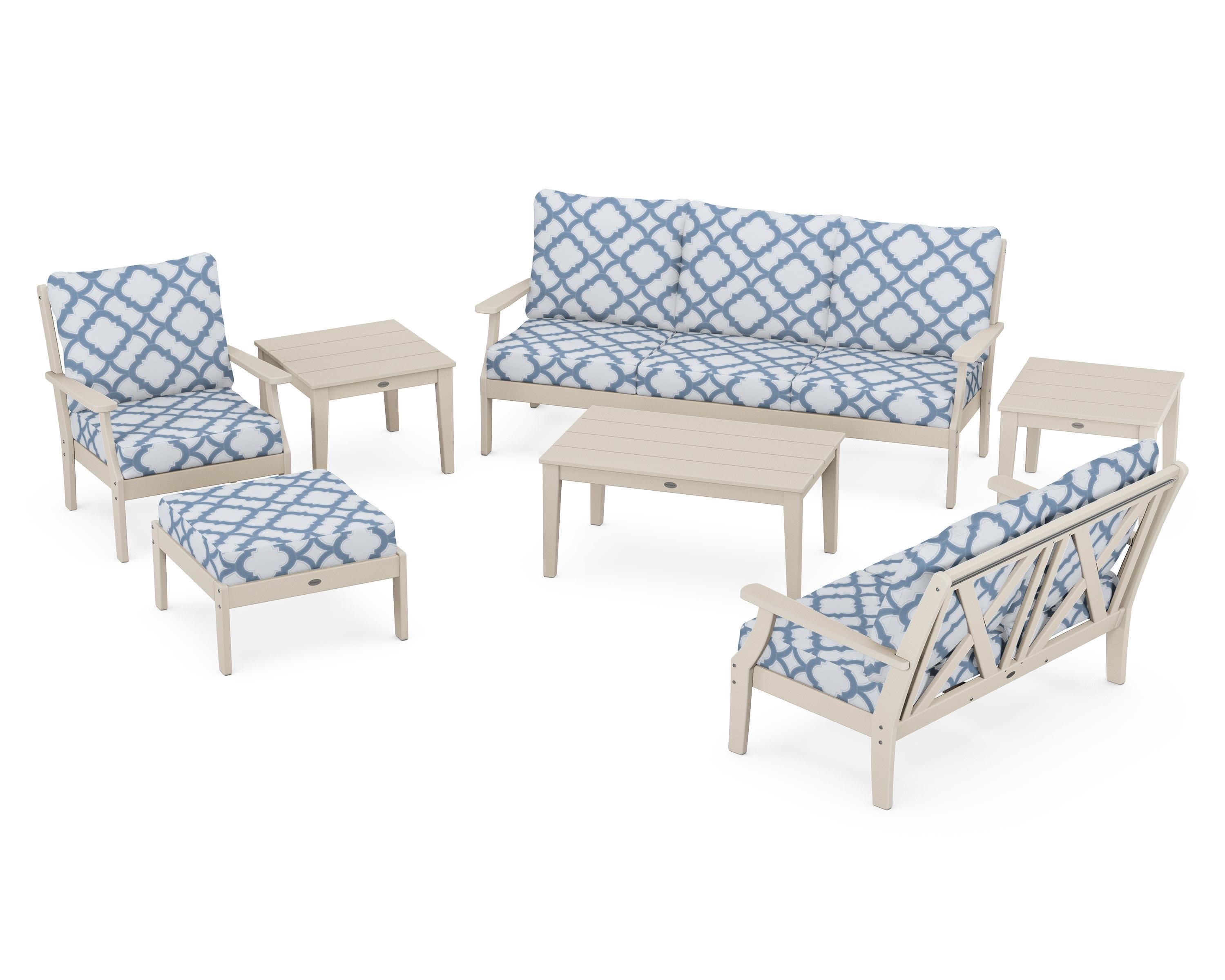Braxton 7-Piece Deep Seating Set in Sand / Trellis Sky Blue