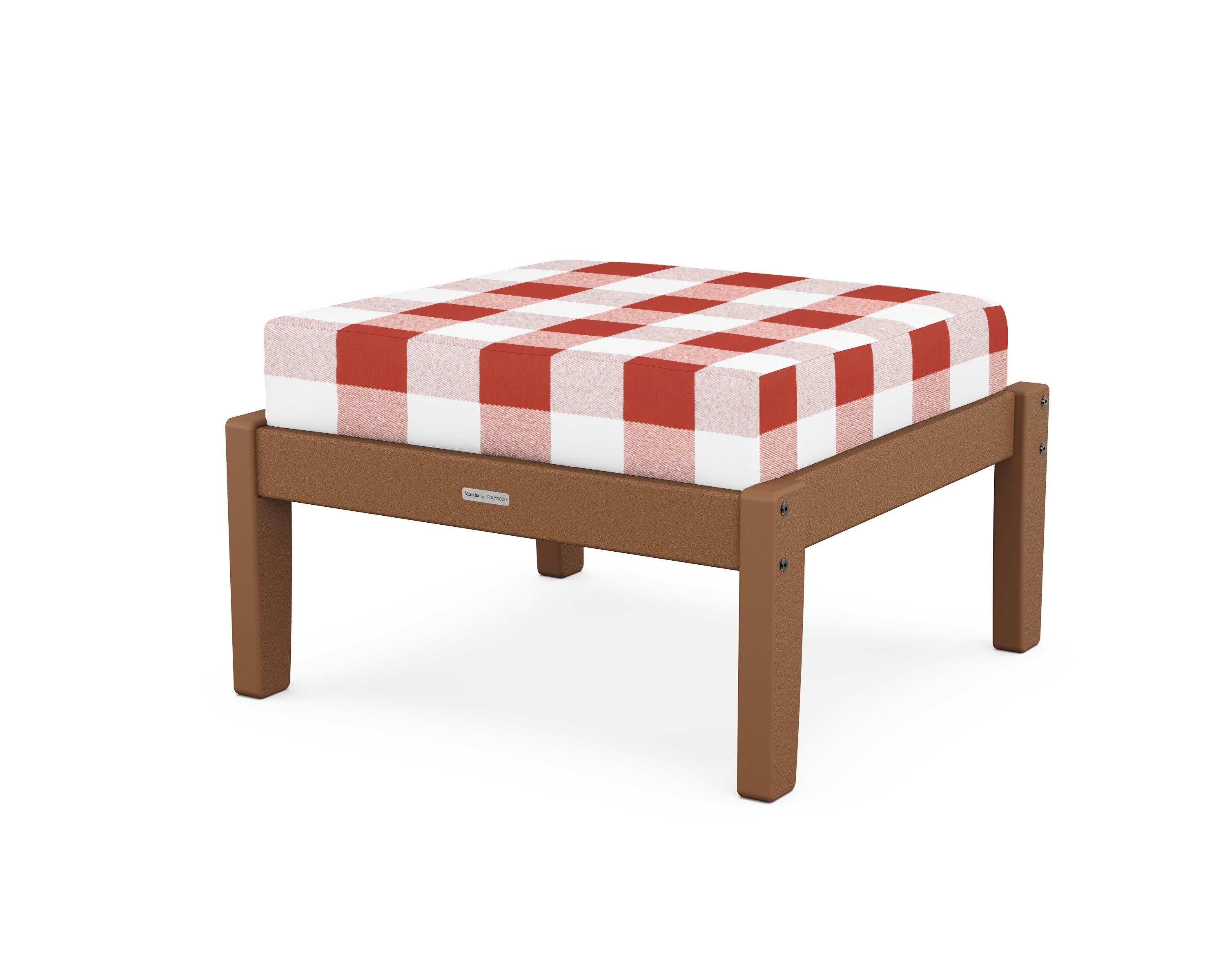 Chinoiserie Deep Seating Ottoman in Teak / Buffalo Plaid Crimson