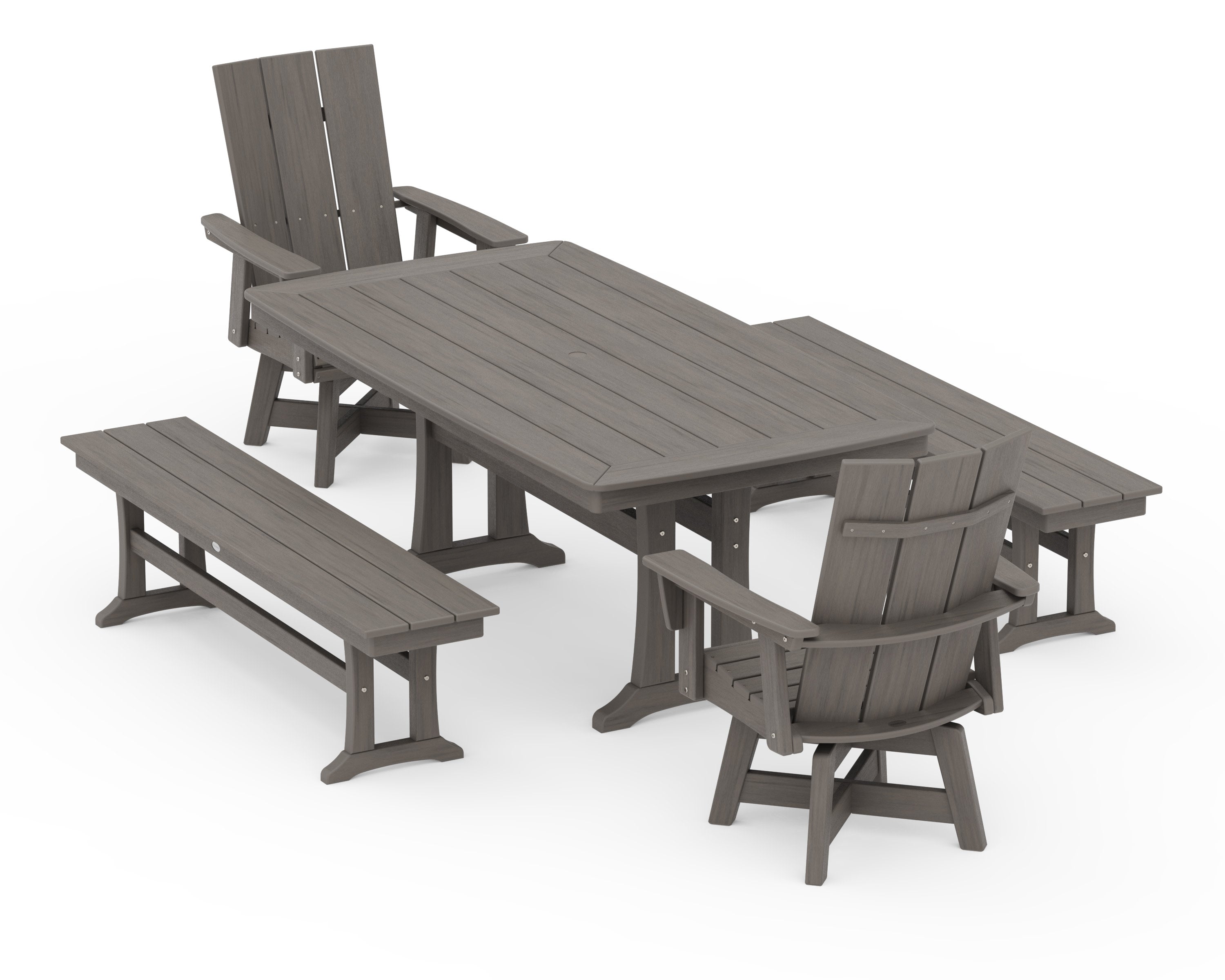 Modern Curveback Adirondack Swivel Chair 5-Piece Dining Set with Trestle Legs and Benches in Driftwood
