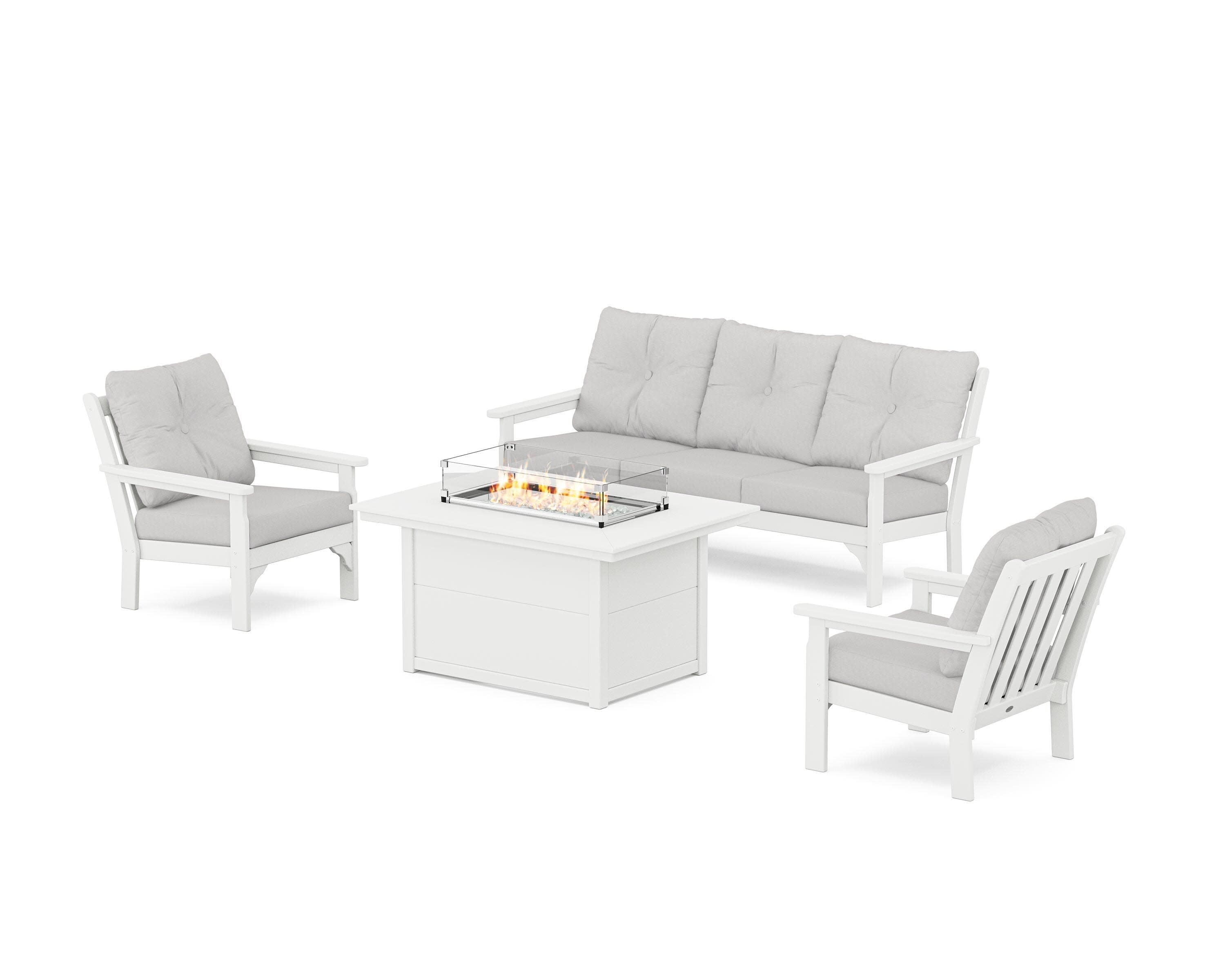 Vineyard Deep Seating Fire Pit Table Set in White / Diamond in the Rough