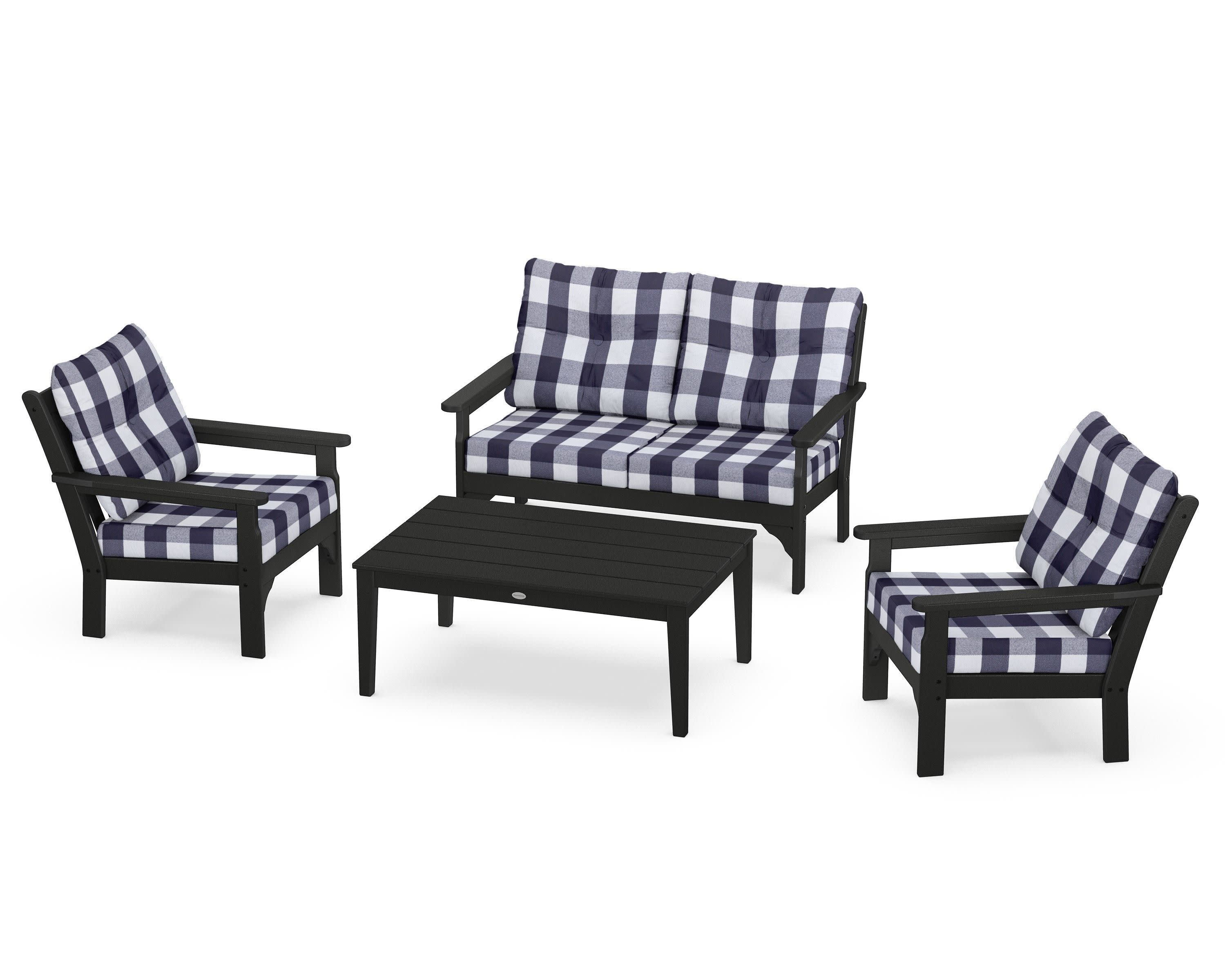 Vineyard 4-Piece Deep Seating Set in Black / Buffalo Plaid Navy