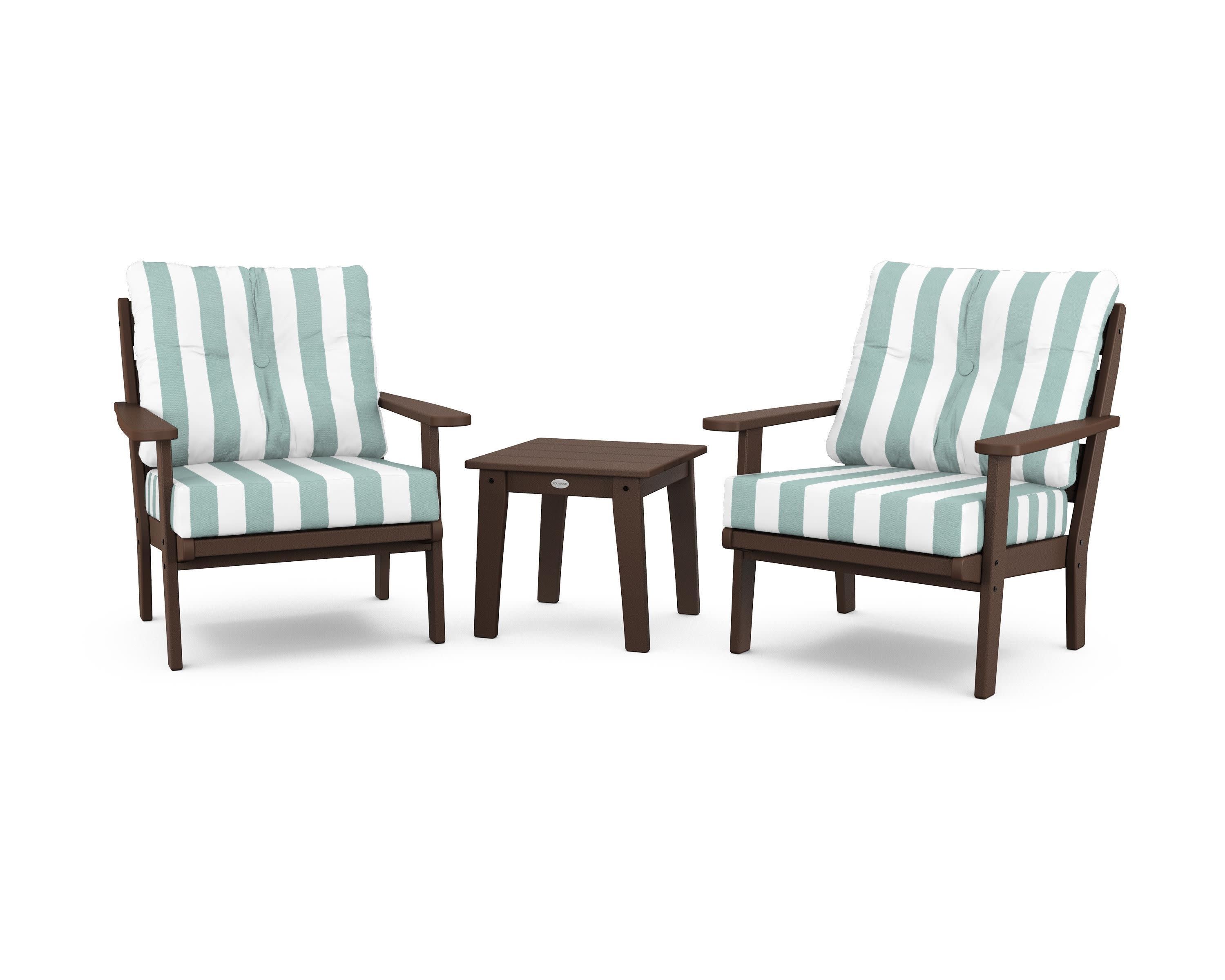 Lakeside 3-Piece Deep Seating Chair Set in Mahogany / Cabana Stripe Glacier Spa