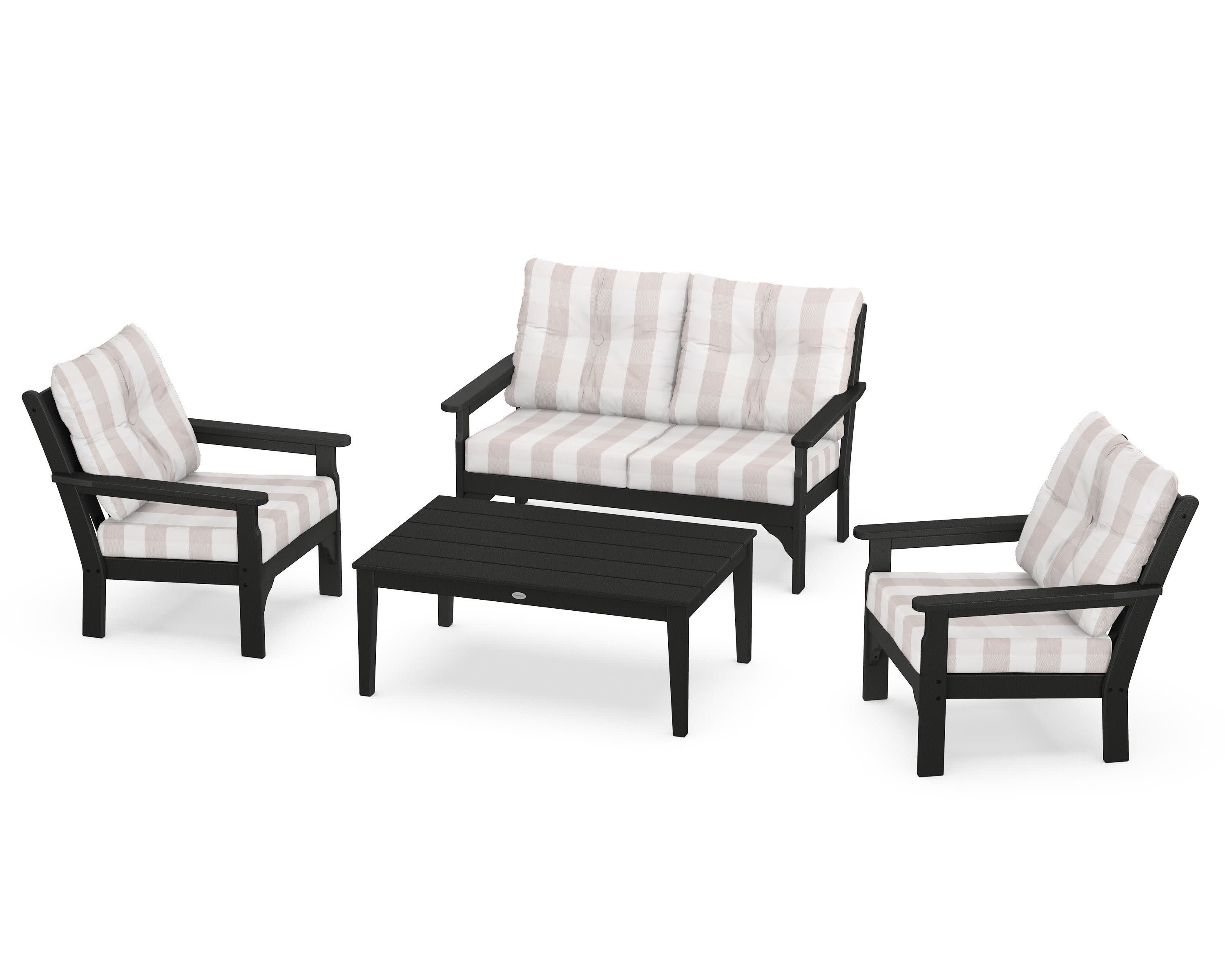 Vineyard 4-Piece Deep Seating Set in Black / Buffalo Plaid Dune Burlap