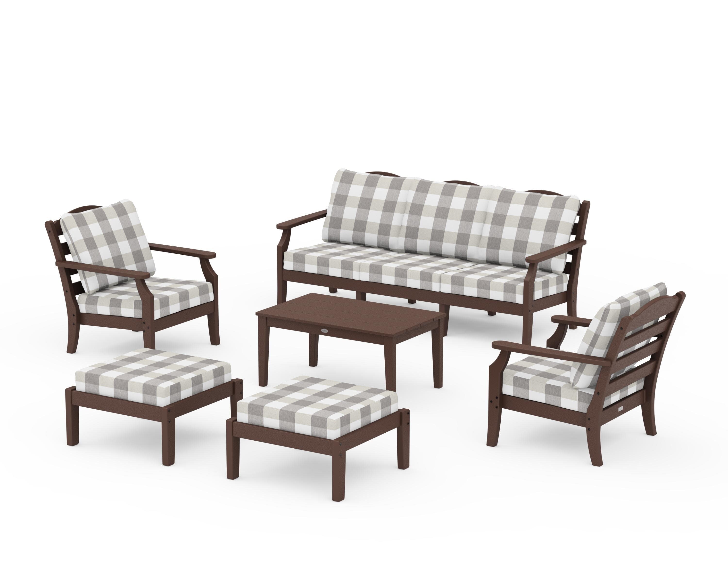 Savannah 6-Piece Lounge Sofa Set in Mahogany / Buffalo Plaid Grey Mist