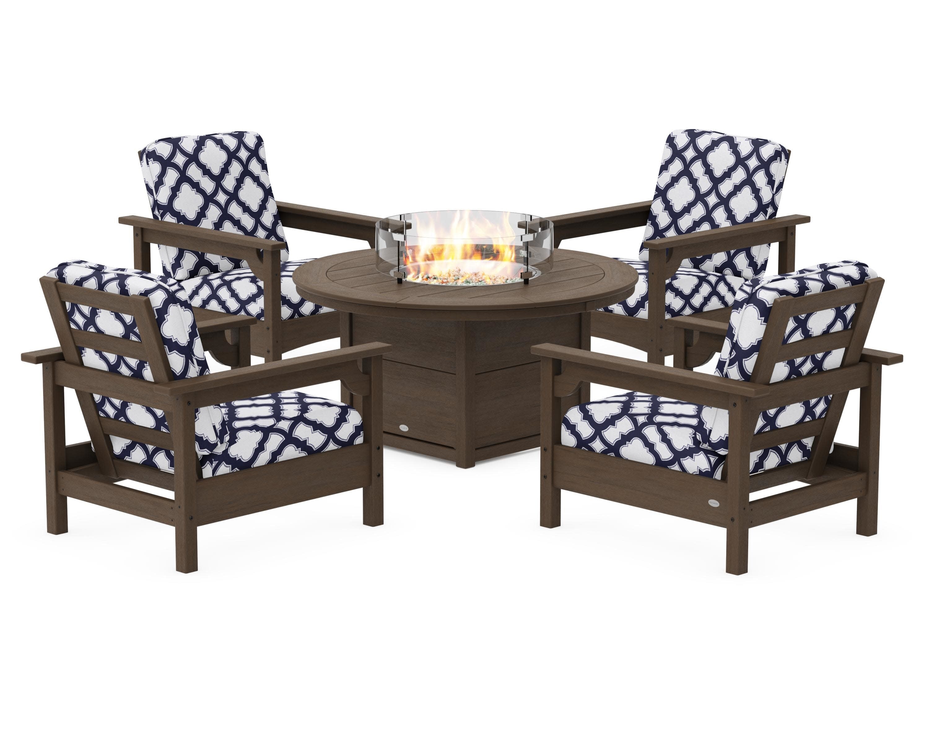 Club 5-Piece Conversation Set with Fire Pit Table in Kona / Trellis Navy