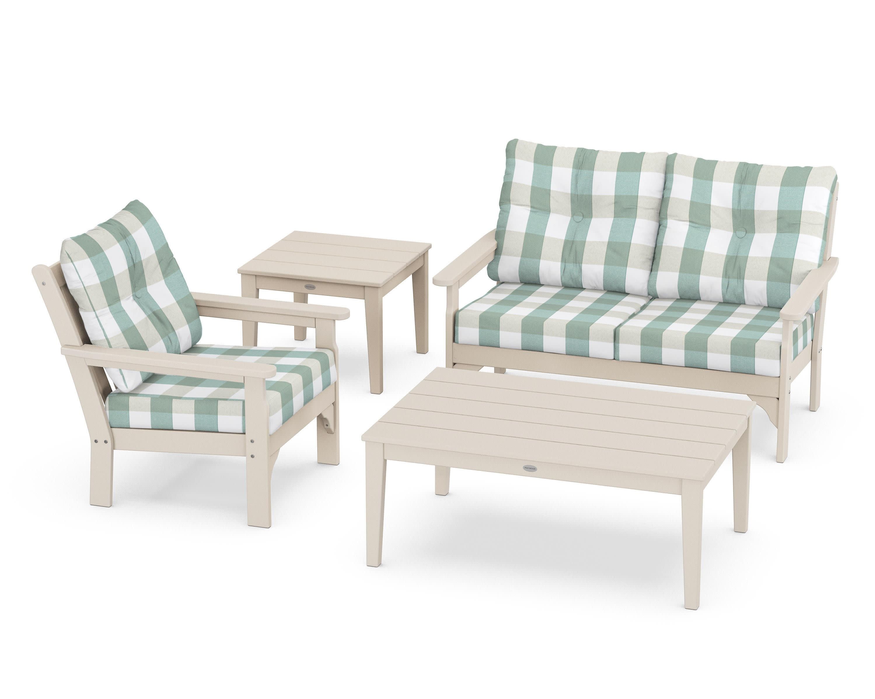 Vineyard 4-Piece Deep Seating Set in Sand / Buffalo Plaid Glacier Spa