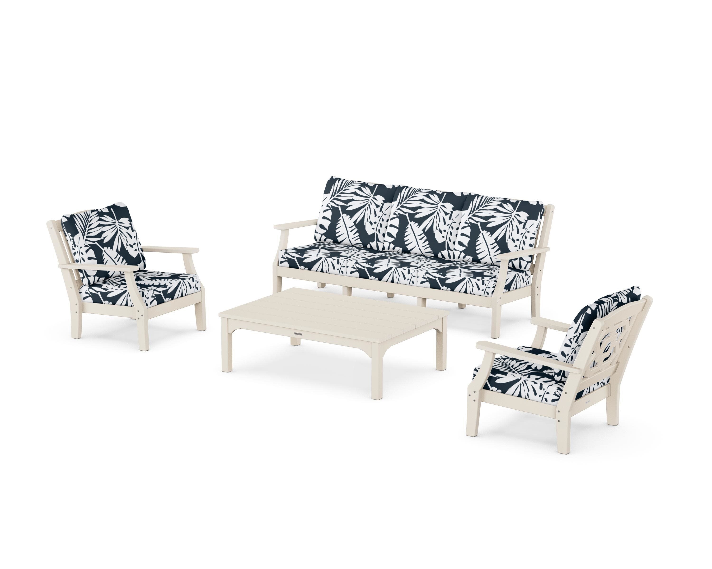 Chinoiserie 4-Piece Deep Seating Set with Sofa in Sand / Leaf Marine Indigo