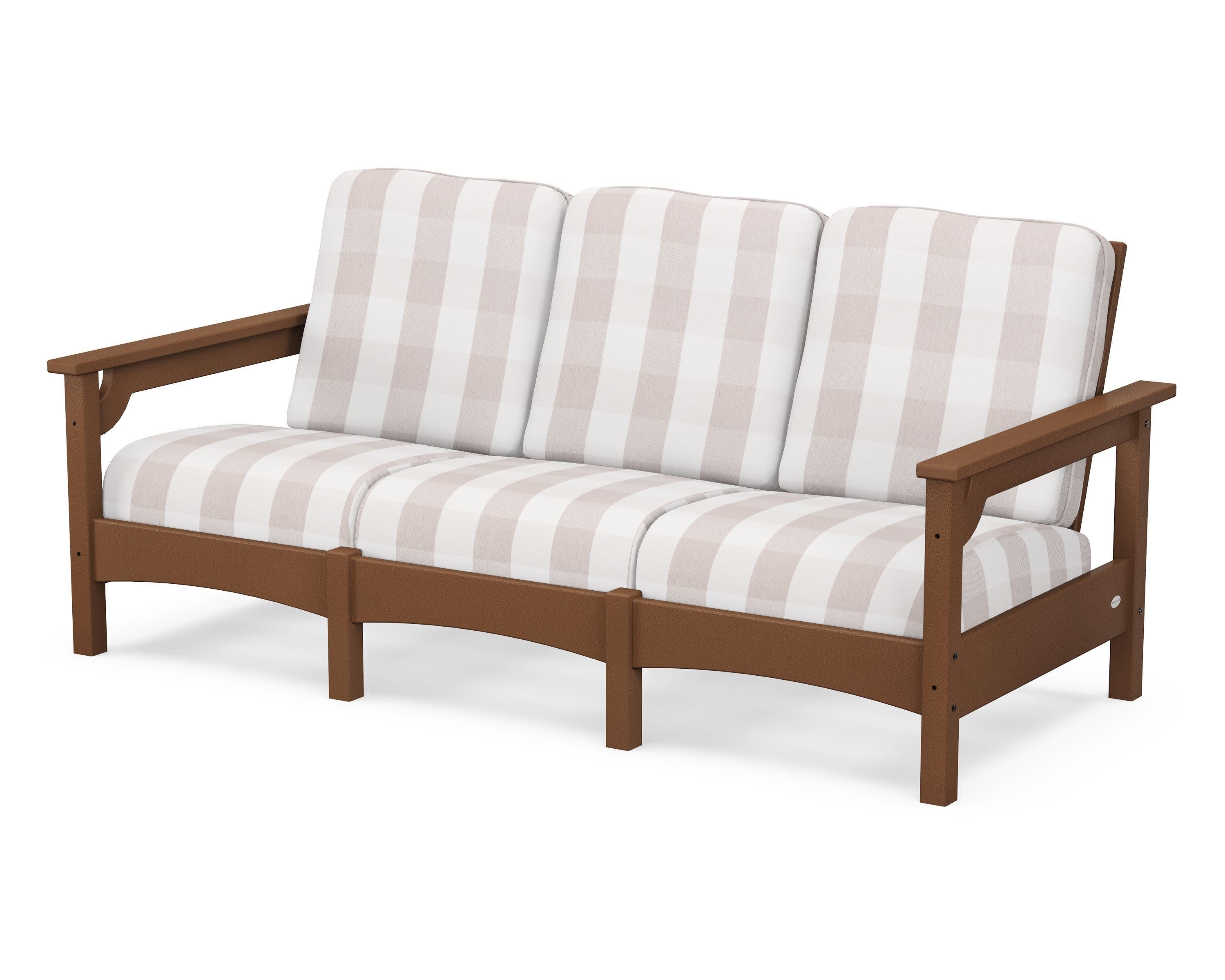 Club Sofa in Teak / Buffalo Plaid Dune Burlap