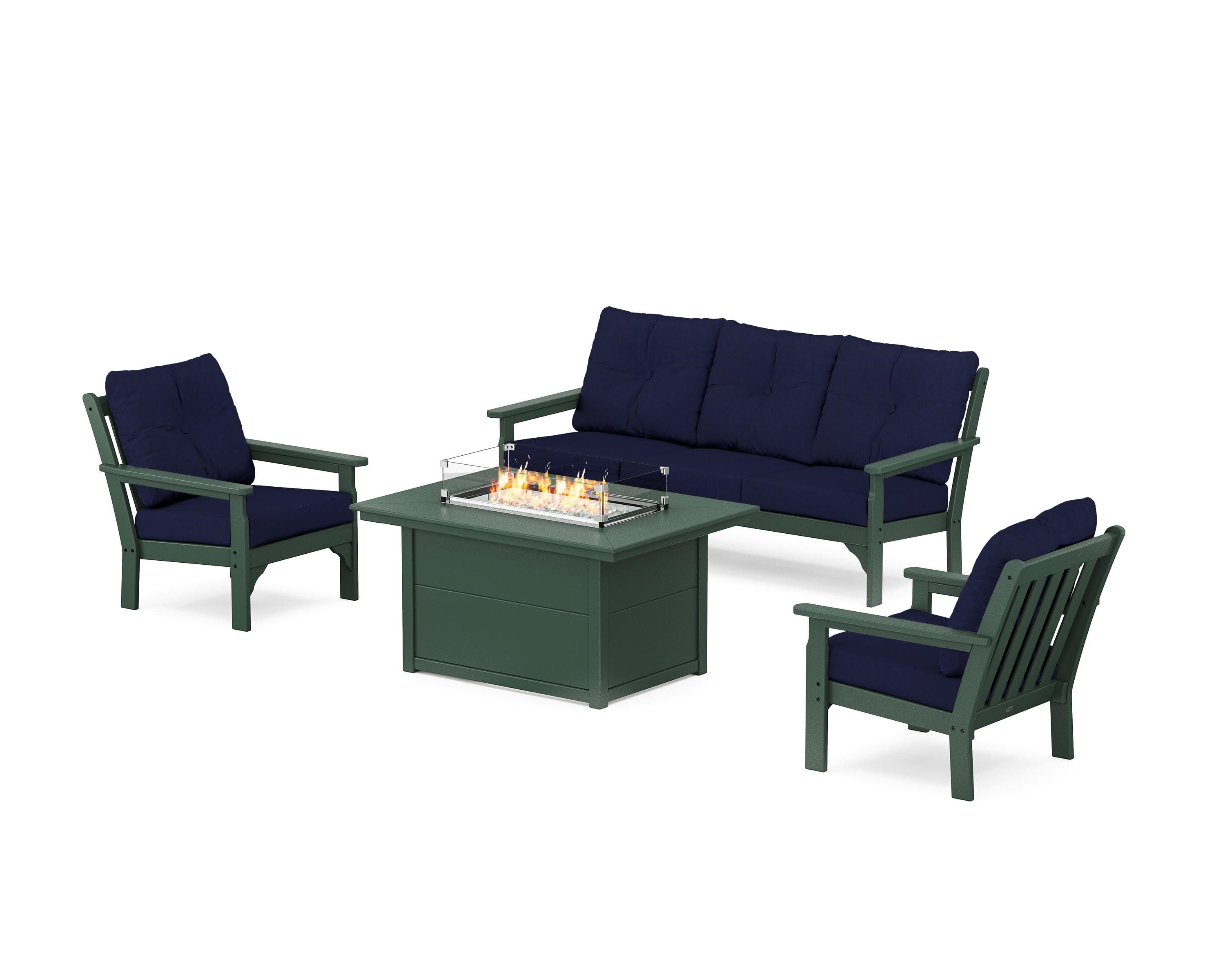 Vineyard Deep Seating Fire Pit Table Set in Green / Navy