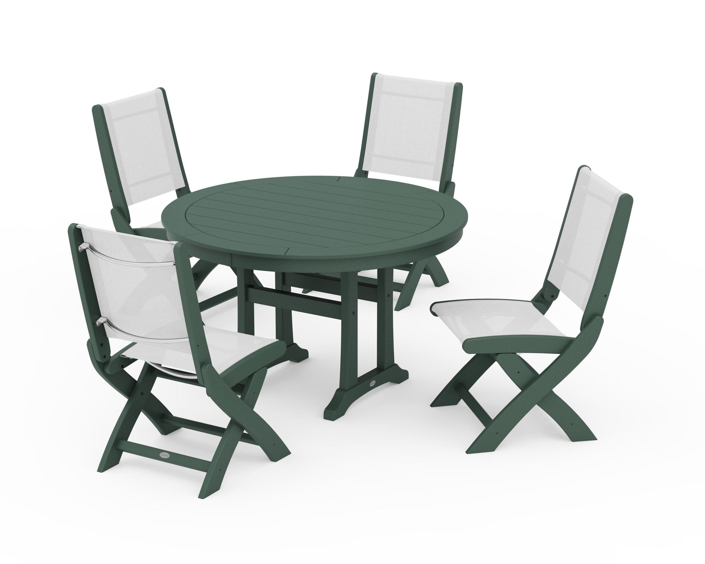 Coastal Folding Side Chair 5-Piece Round Dining Set With Trestle Legs in Green / White Sling