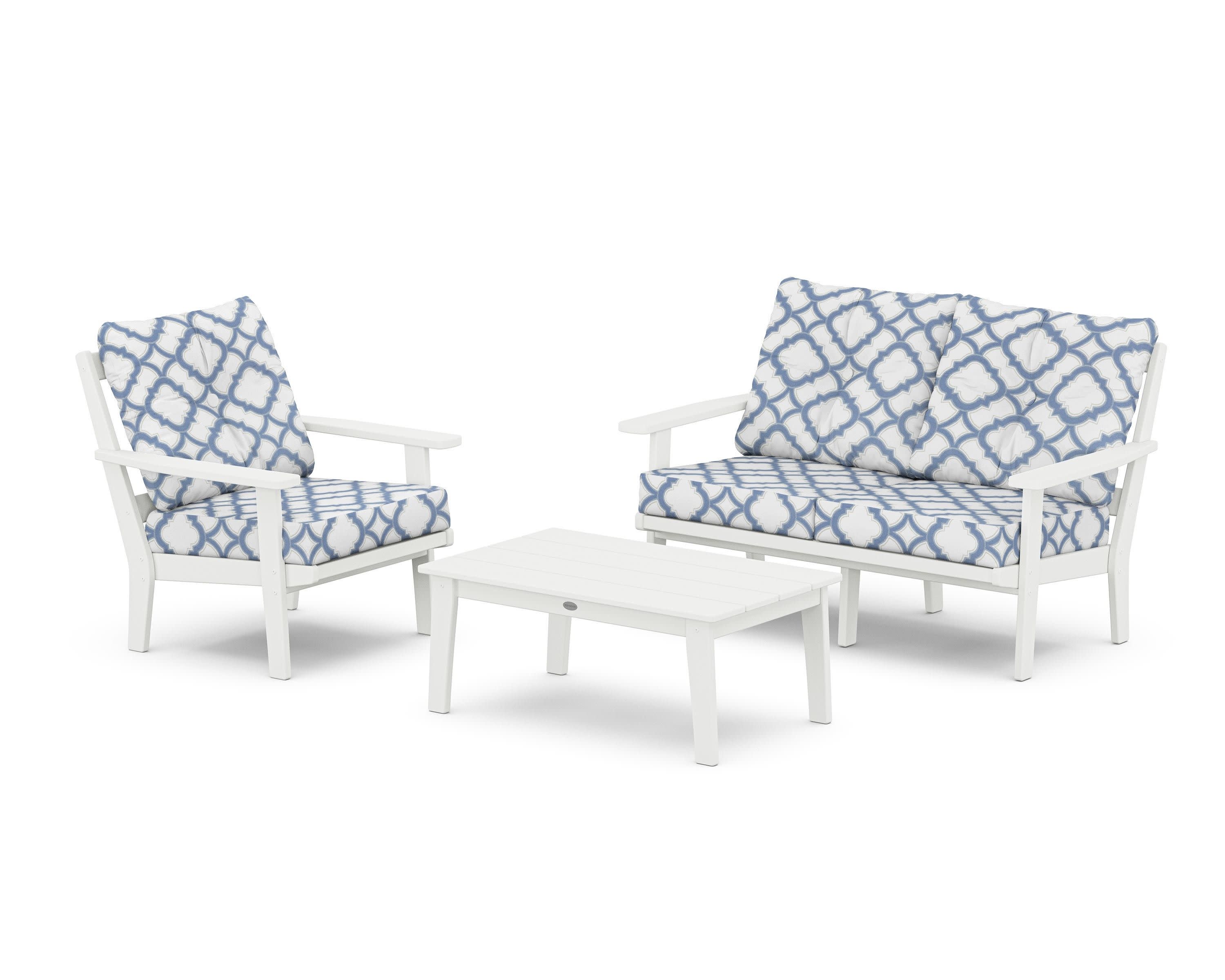 Oxford 3-Piece Deep Seating Set with Loveseat in White / Trellis Sky Blue