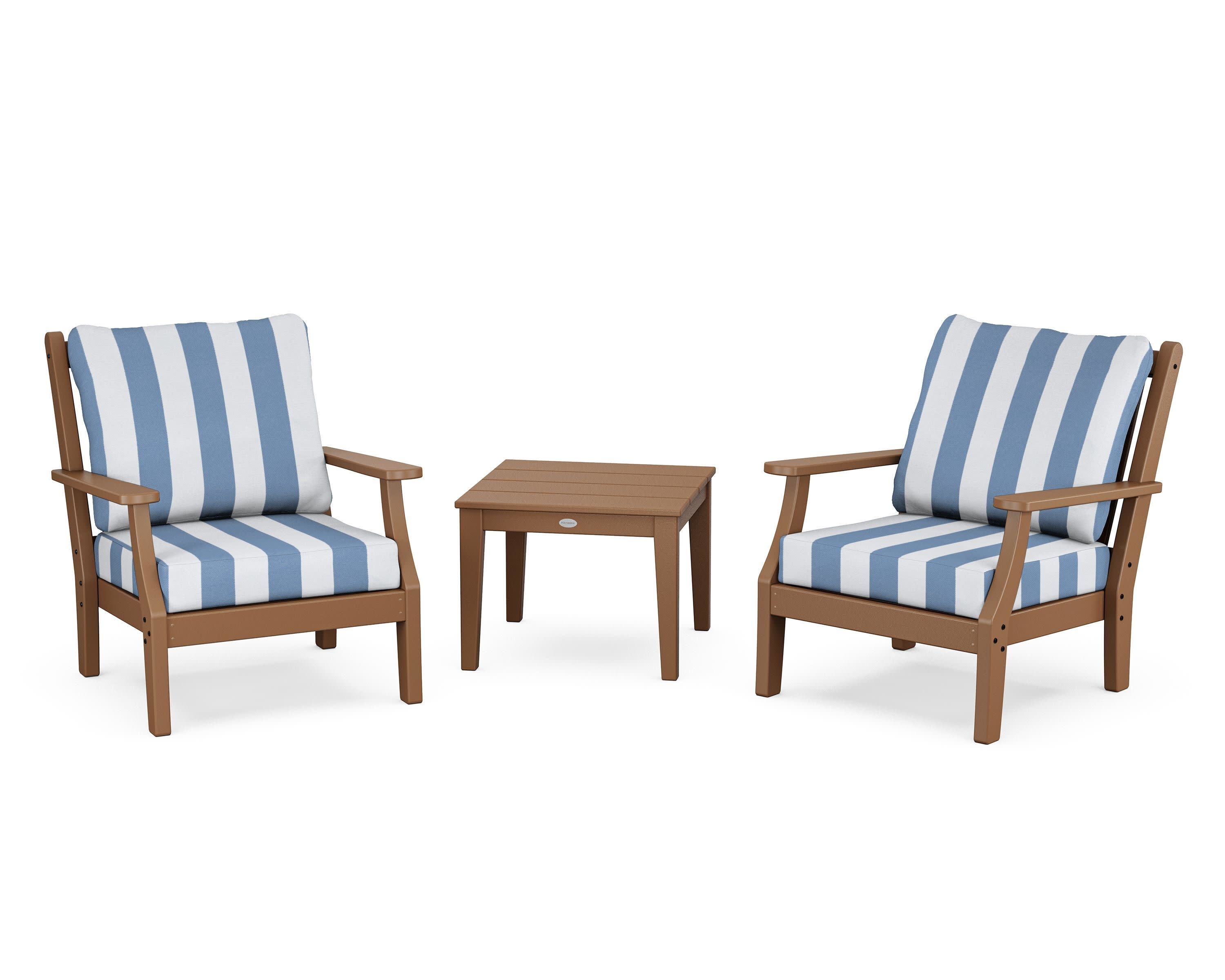 Wovendale 3-Piece Deep Seating Set in Teak / Cabana Stripe Sky Blue