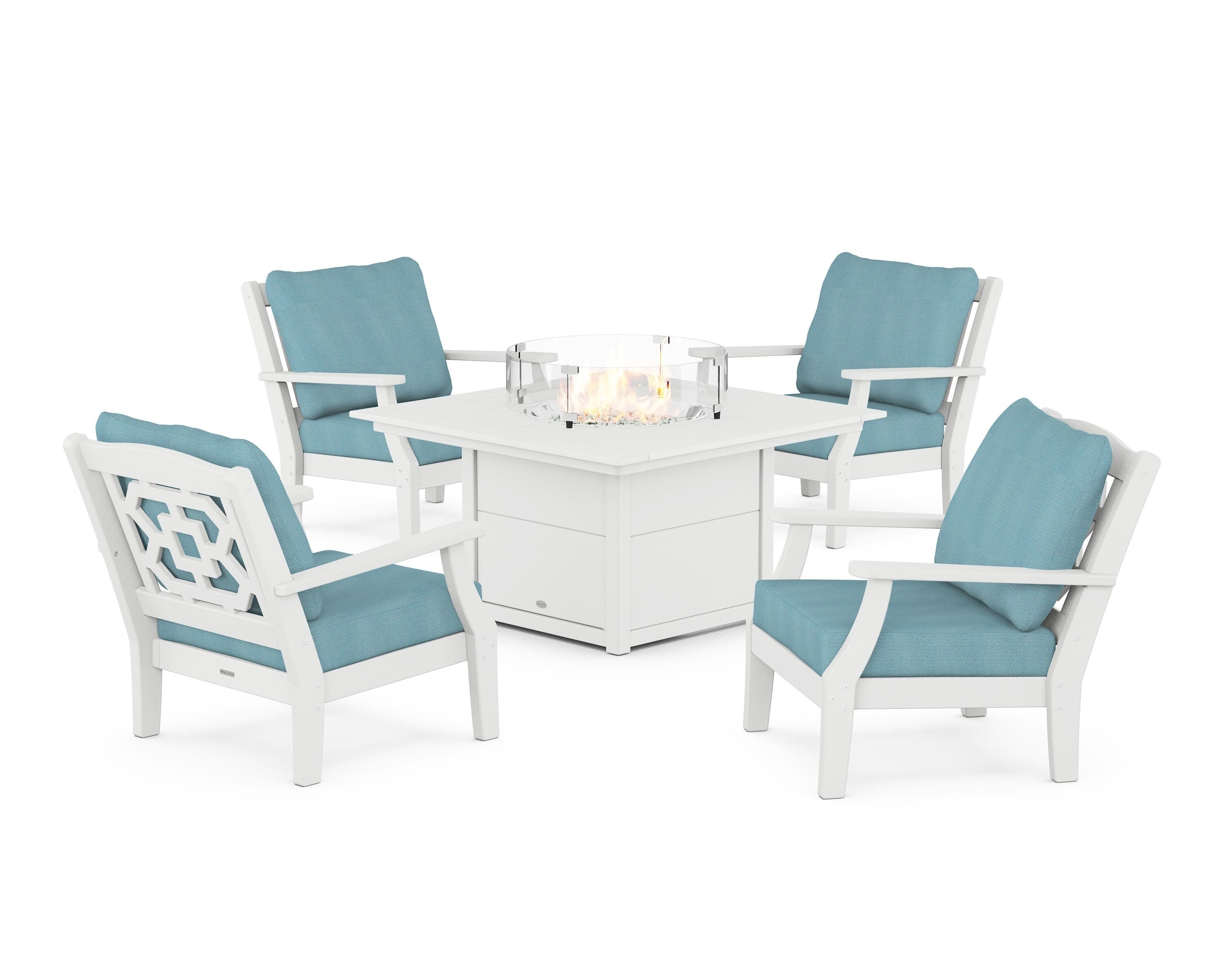 Chinoiserie 5-Piece Deep Seating Set with Fire Pit Table in White / Lattice Sky Blue