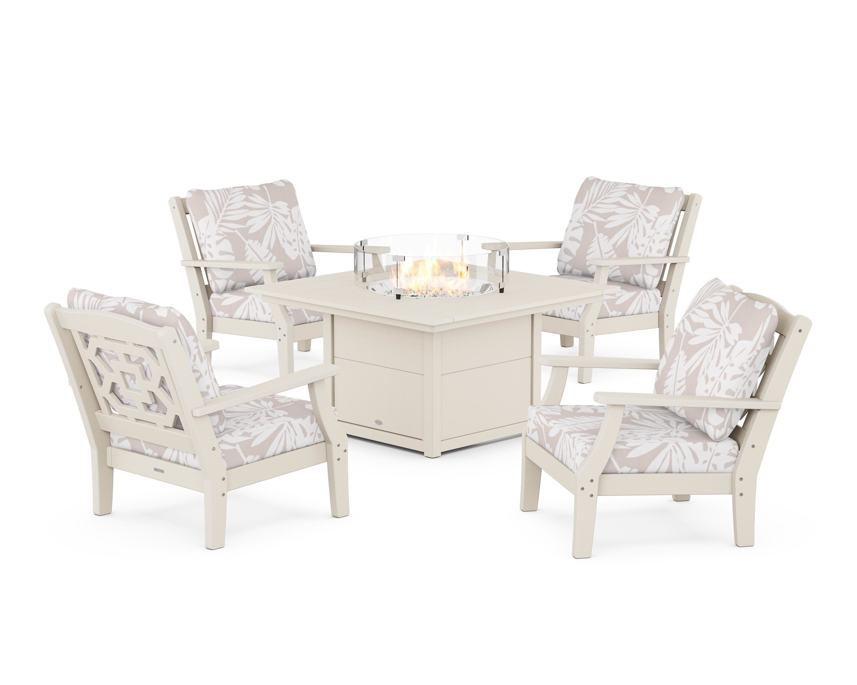 Chinoiserie 5-Piece Deep Seating Set with Fire Pit Table in Sand / Leaf Dune Burlap
