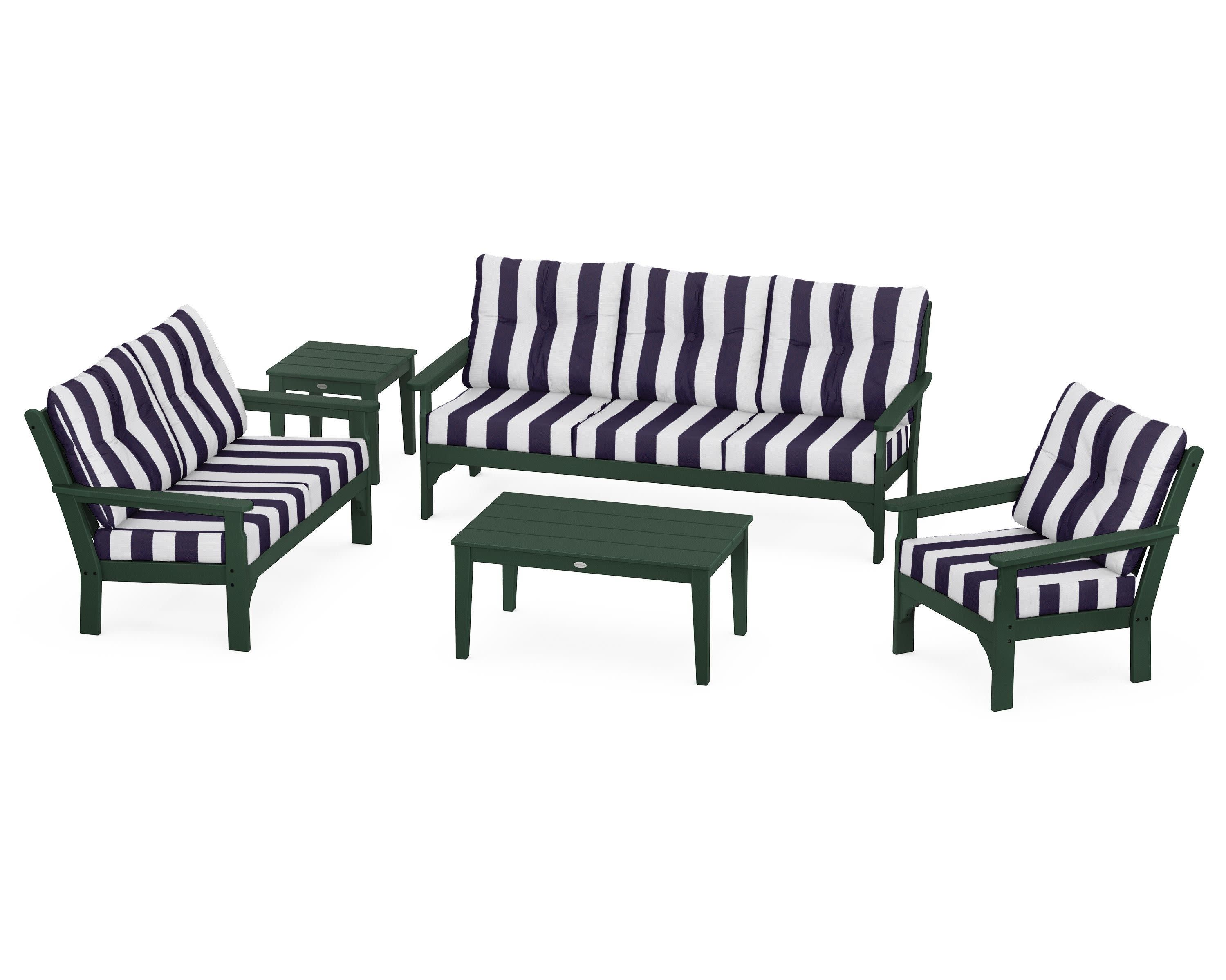 Vineyard 5 Piece Deep Seating Set in Green / Cabana Stripe Navy