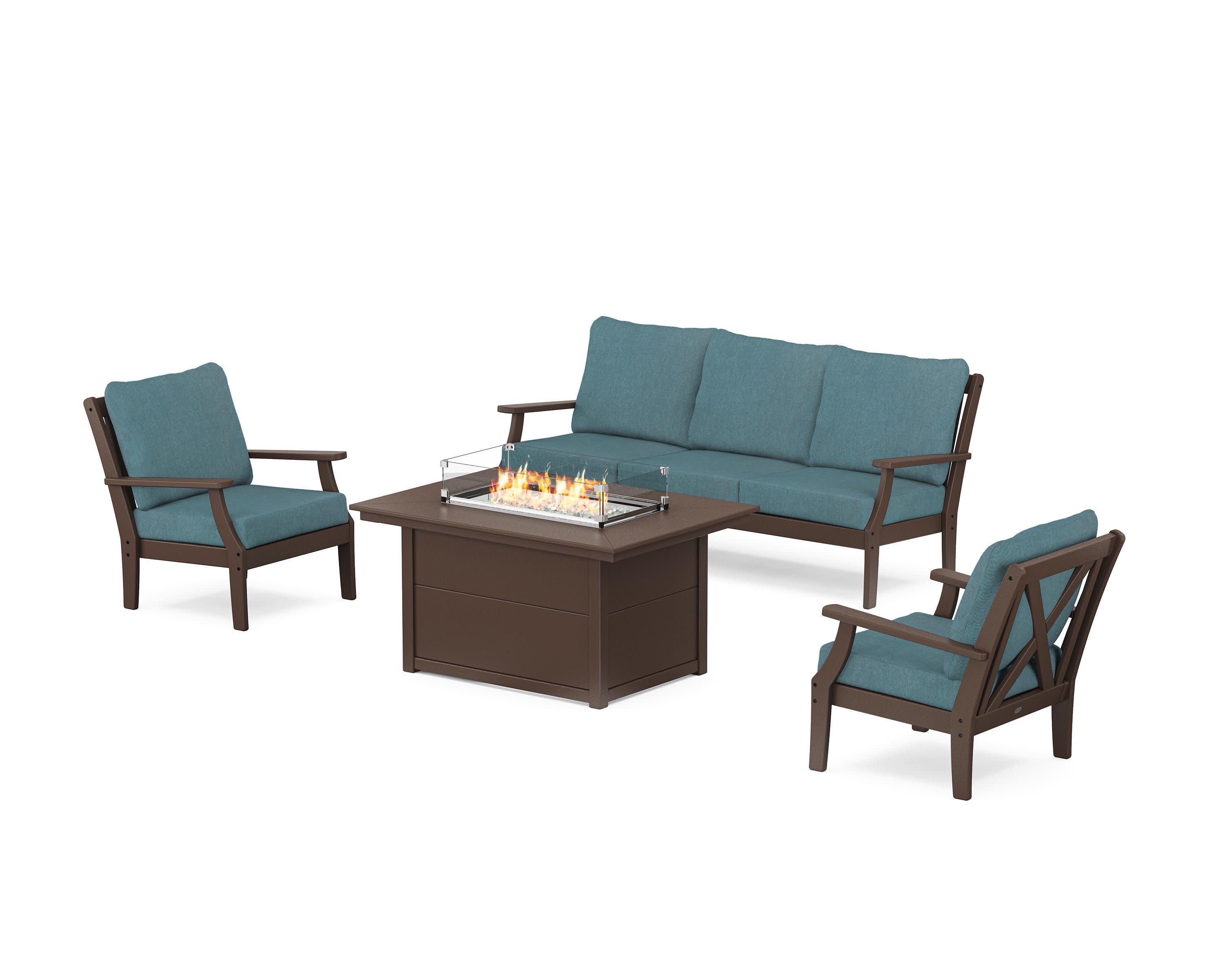Braxton Deep Seating Fire Pit Table Set in Mahogany / Ocean Teal