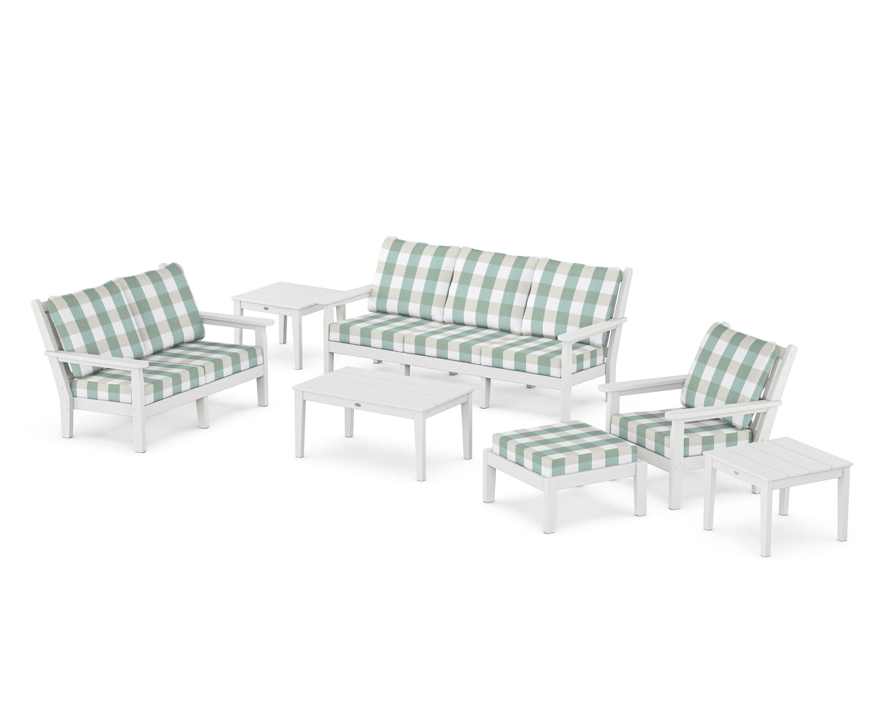 Chippendale 7-Piece Deep Seating Set in White / Buffalo Plaid Glacier Spa
