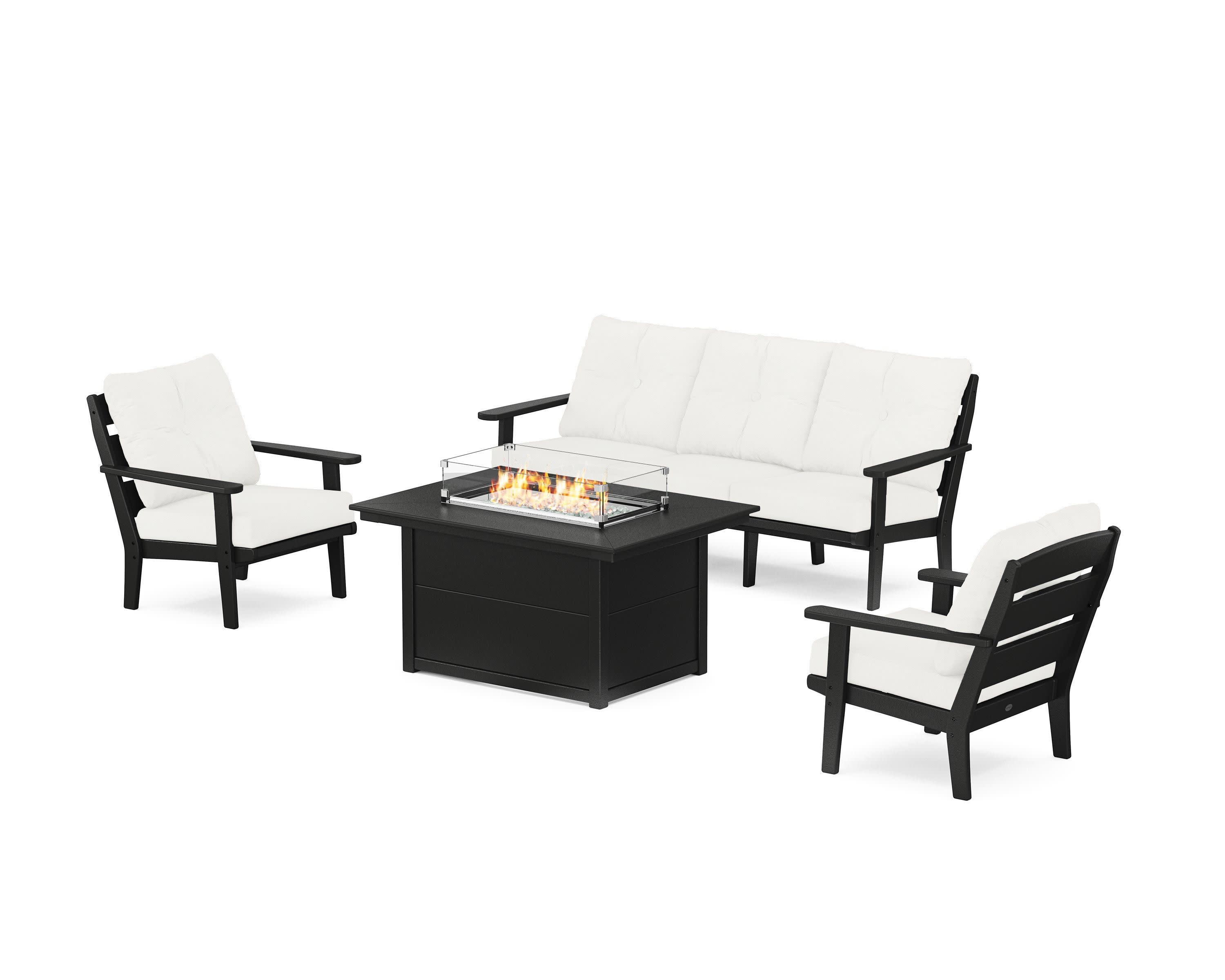 Lakeside Deep Seating Fire Pit Table Set in Black / Natural Linen