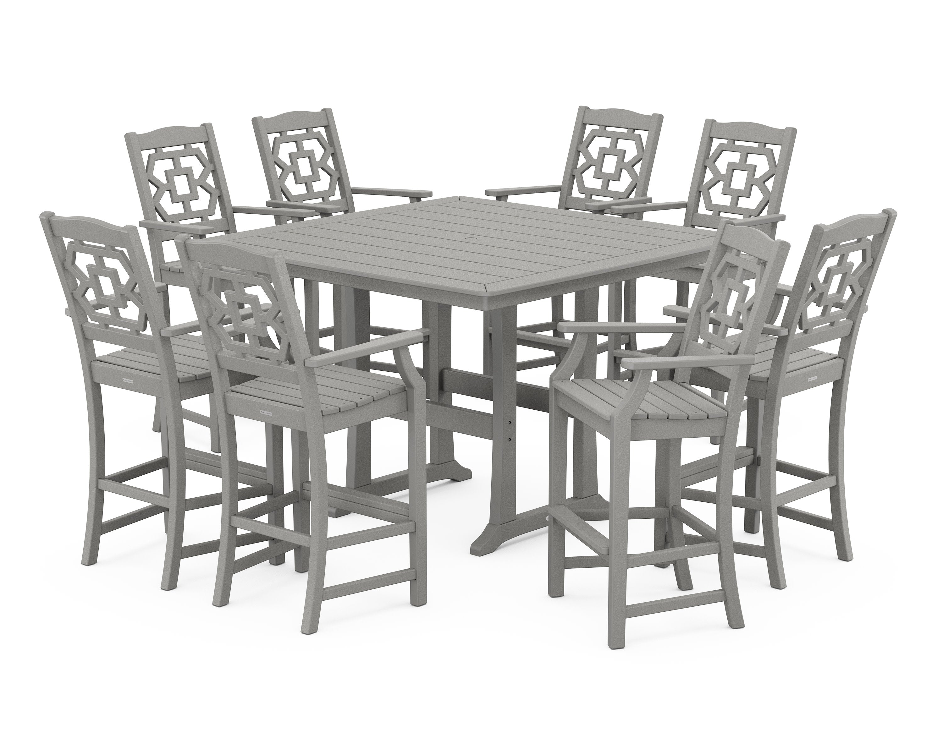 Chinoiserie 9-Piece Square Bar Set with Trestle Legs in Slate Grey