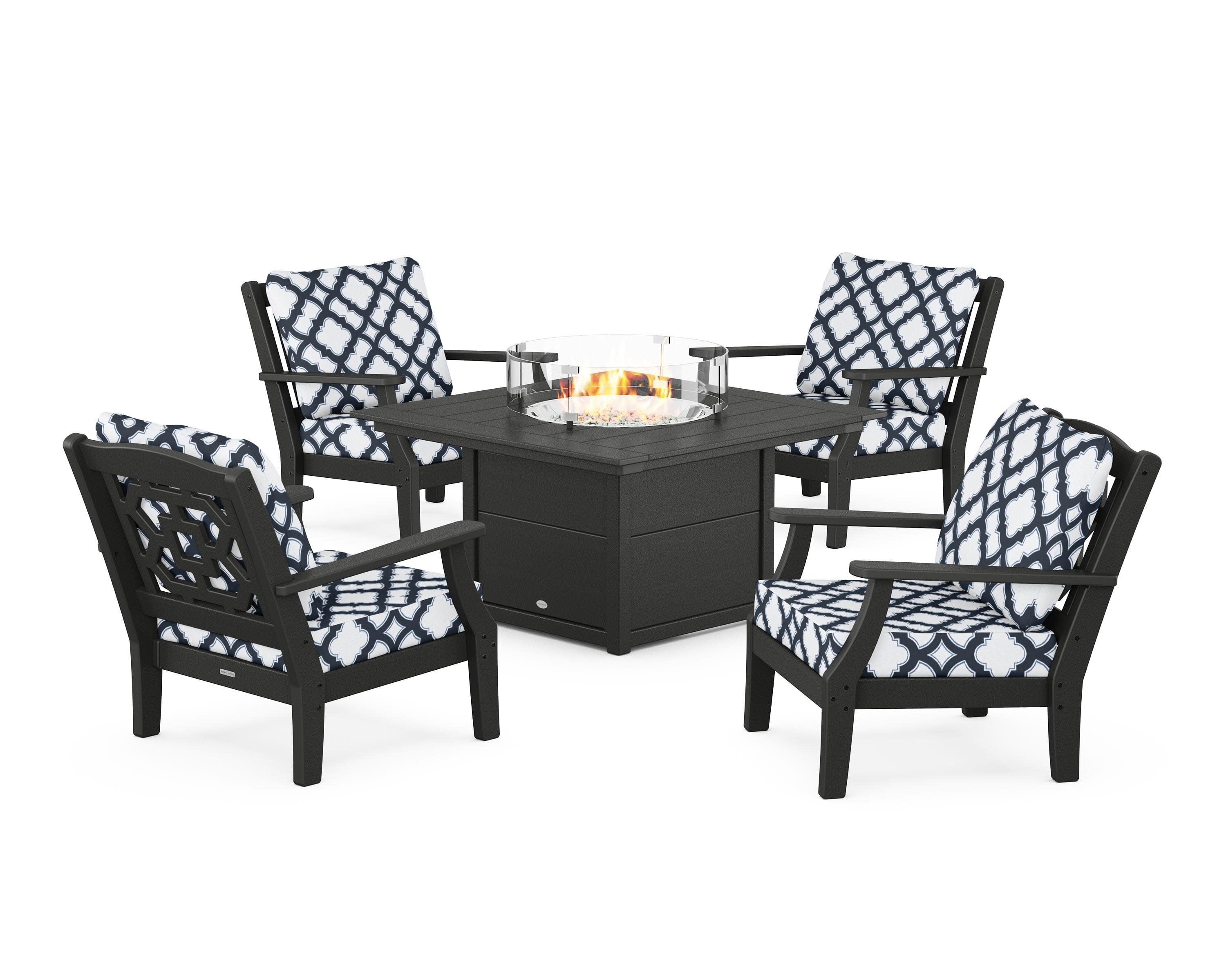 Chinoiserie 5-Piece Deep Seating Set with Fire Pit Table in Black / Trellis Marine Indigo