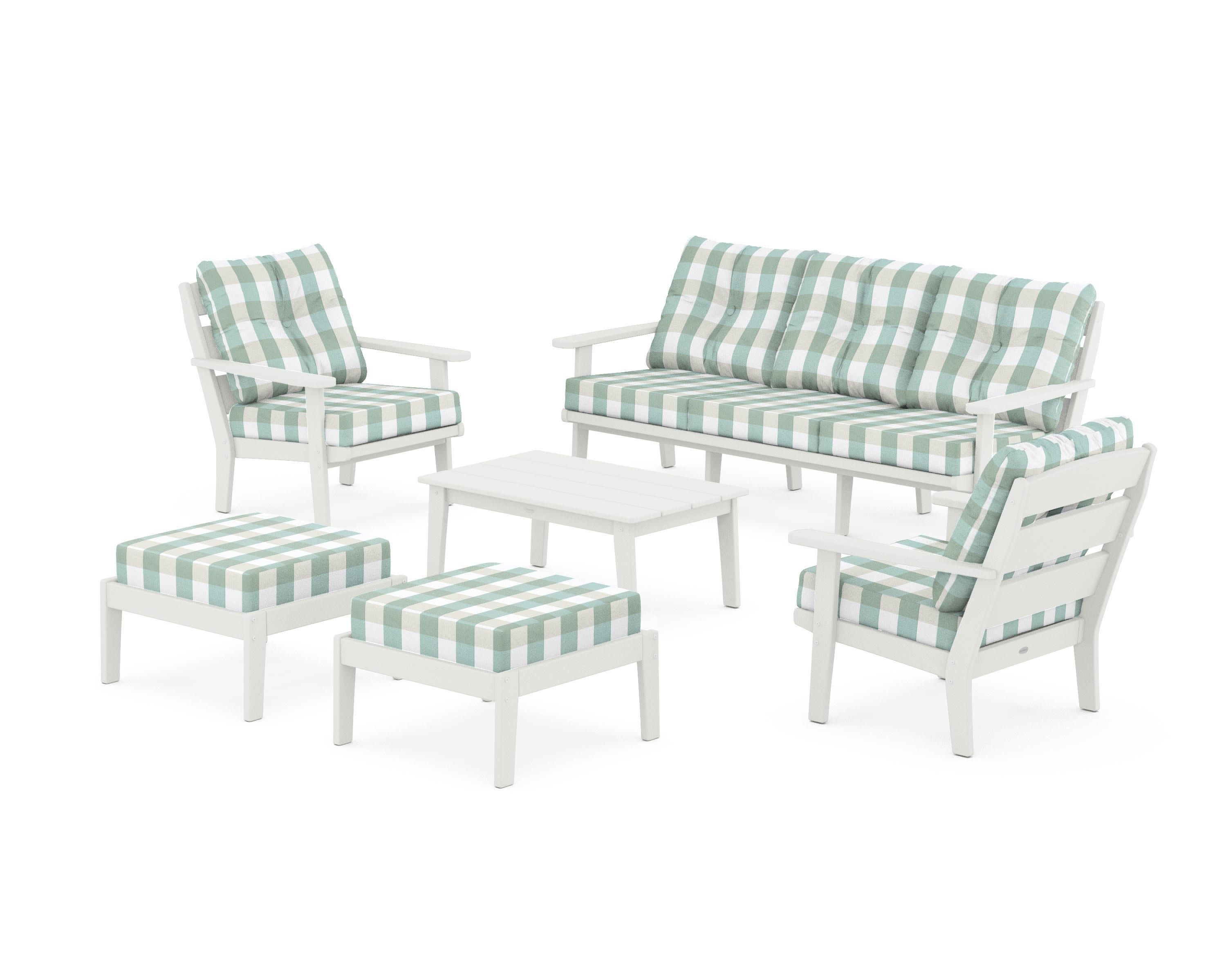 Lakeside 6-Piece Lounge Sofa Set in Vintage White / Buffalo Plaid Glacier Spa
