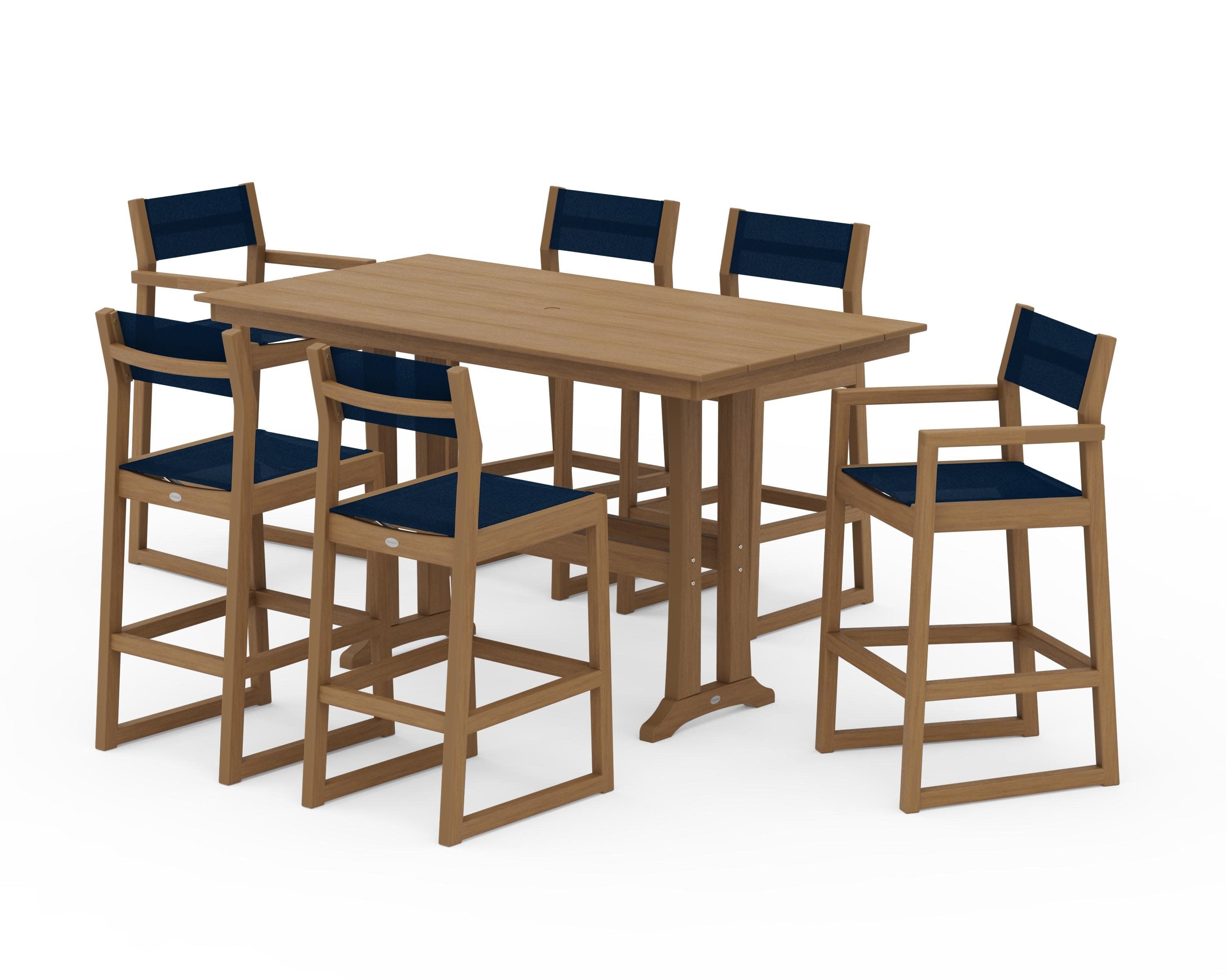 EDGE Sling 7-Piece Farmhouse Bar Set with Trestle Legs in Natural / Navy Blue Sling