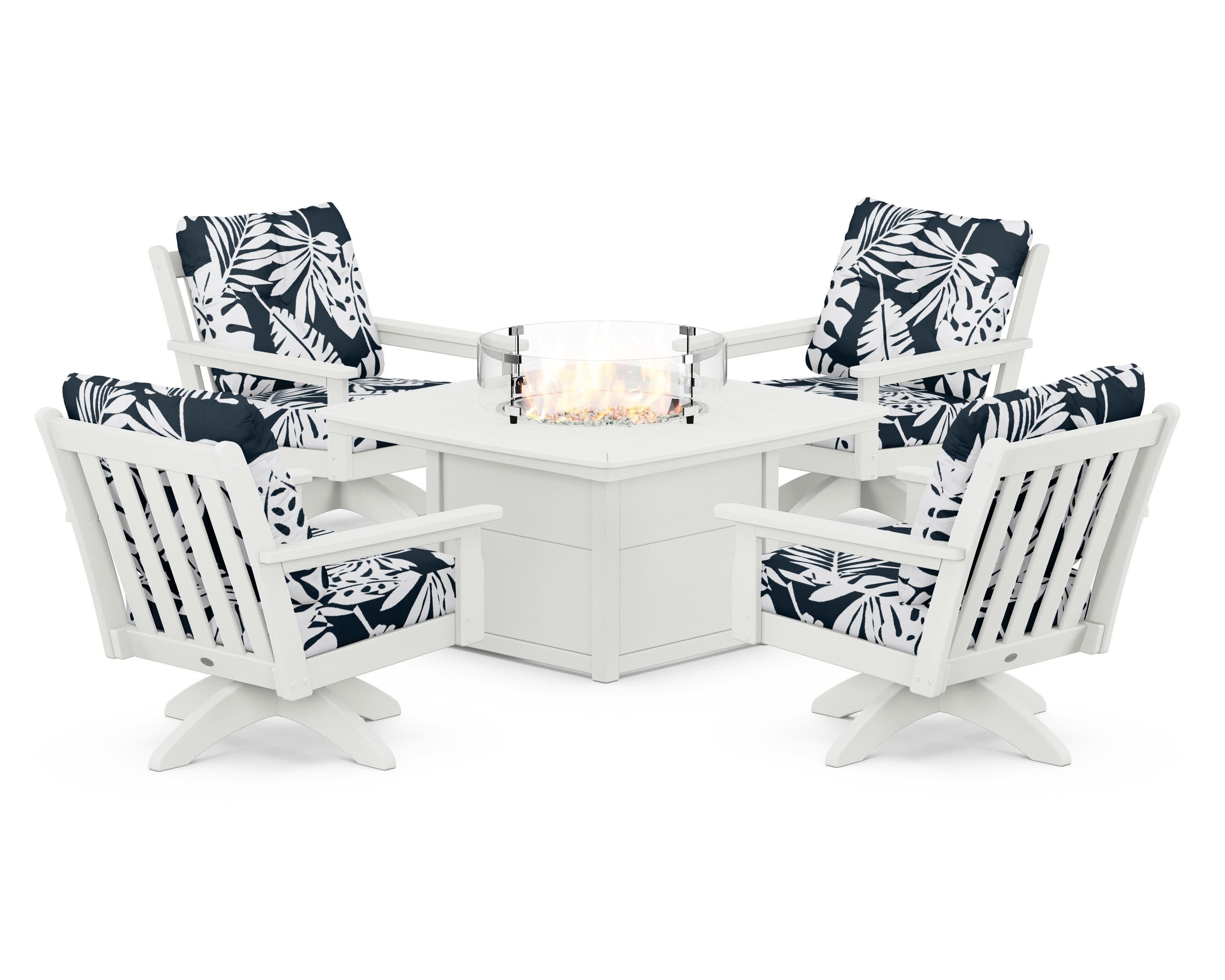 Vineyard 5-Piece Deep Seating Swivel Conversation Set with Fire Pit Table in Vintage White / Leaf Marine Indigo