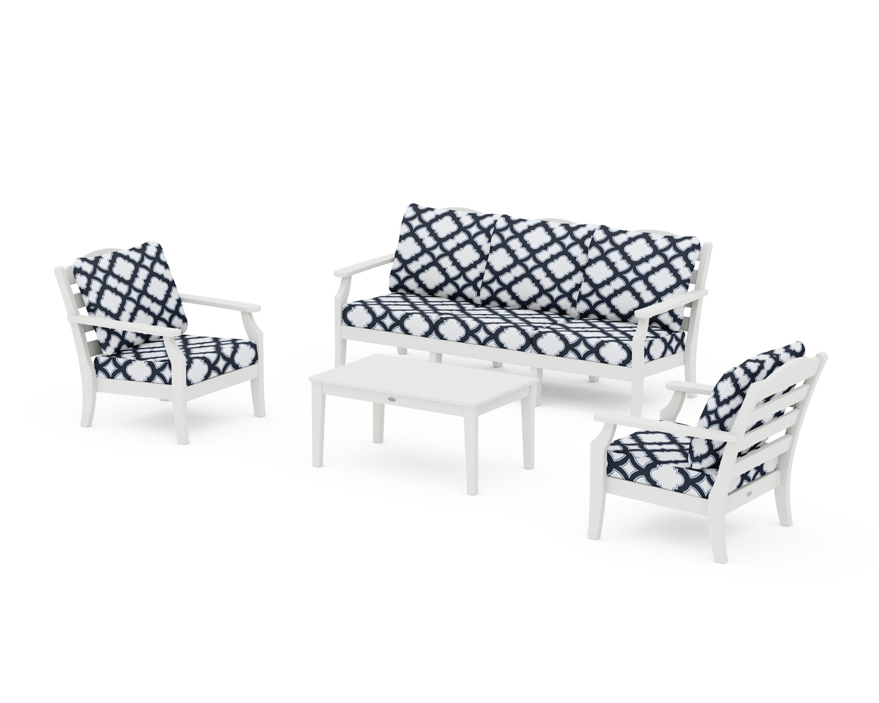 Savannah 4-Piece Deep Seating Set with Sofa in Vintage White / Trellis Marine Indigo
