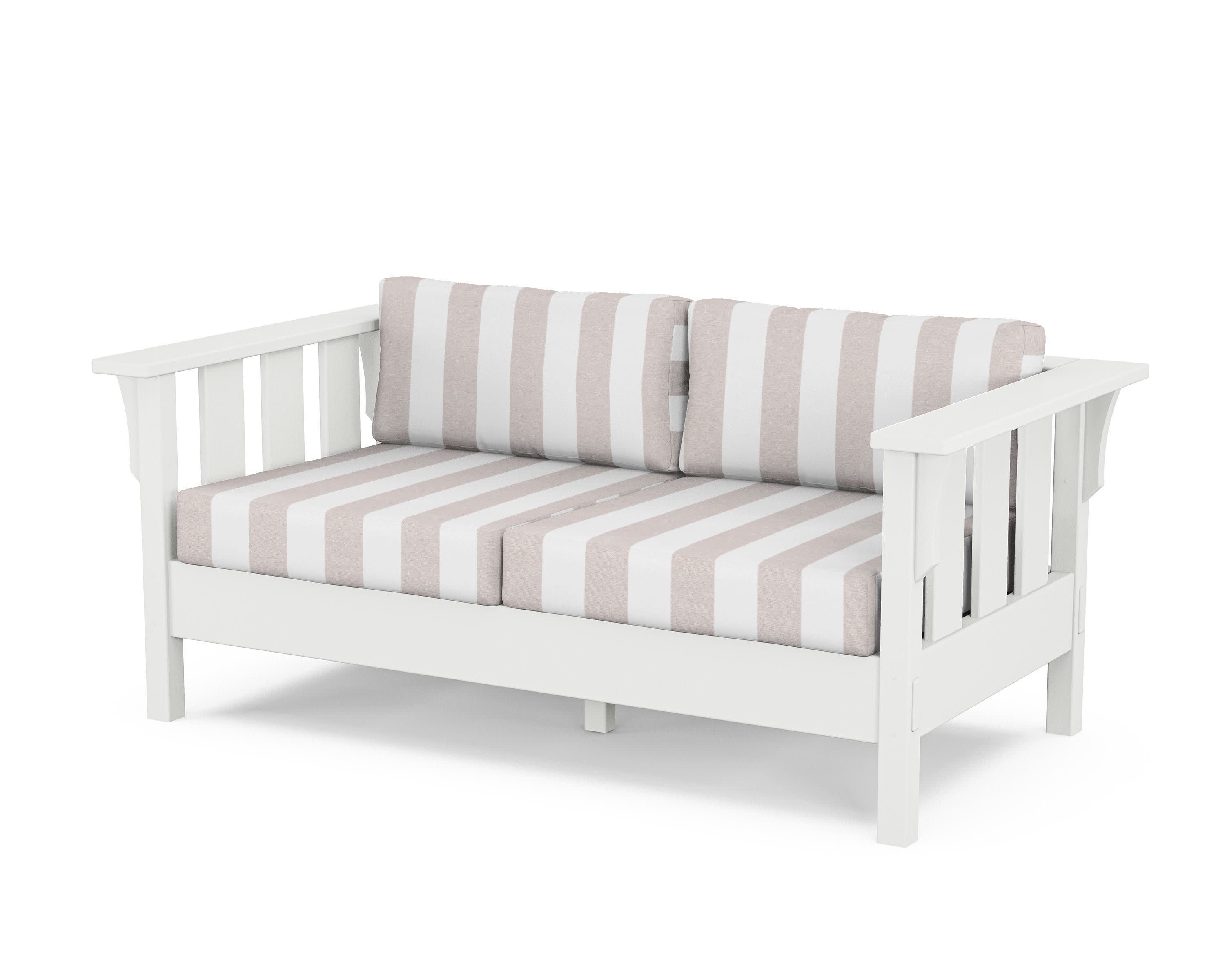 Acadia Deep Seating Loveseat in White / Cabana Stripe Dune Burlap