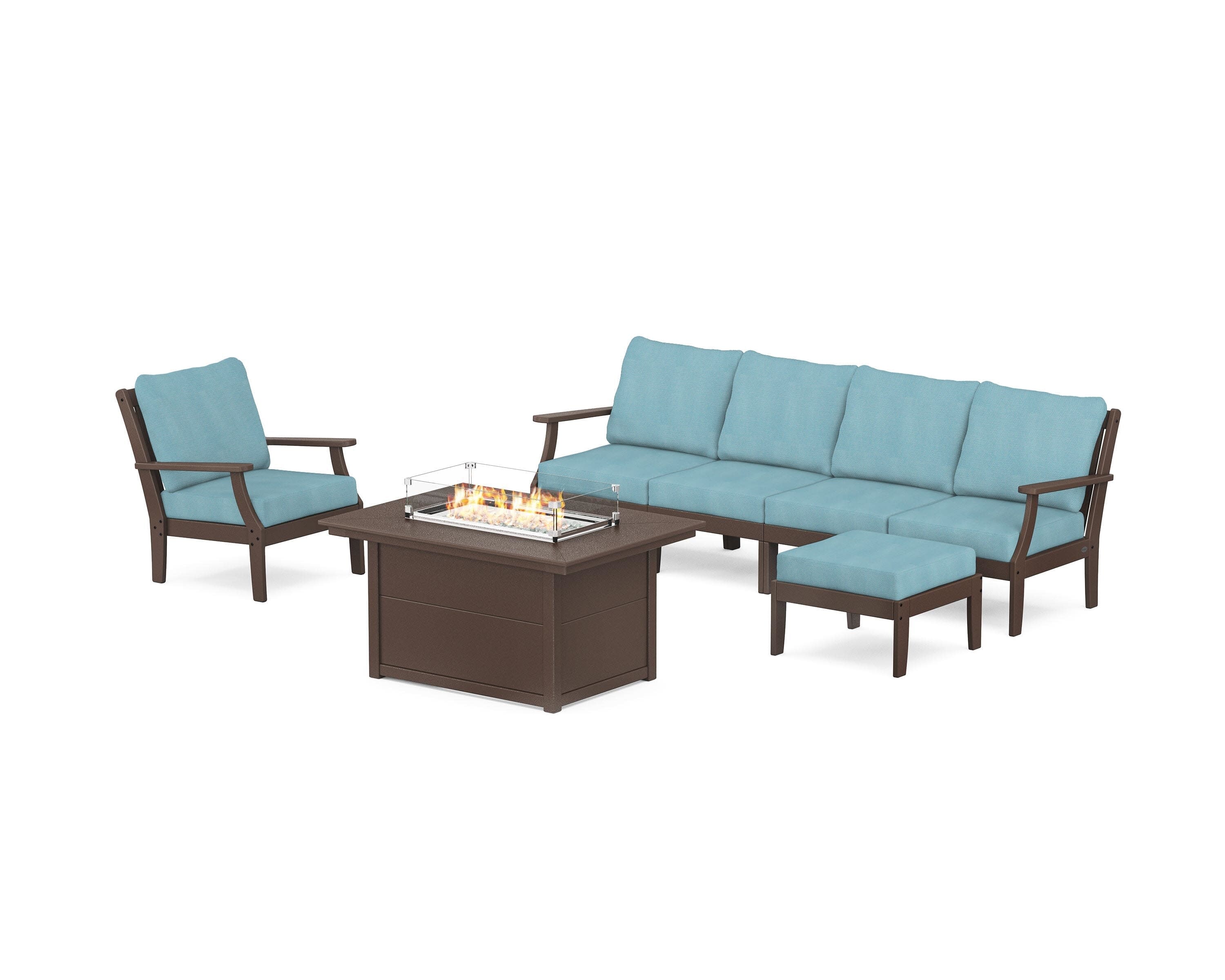 Braxton Sectional Lounge and Fire Pit Set in Mahogany / Lattice Sky Blue