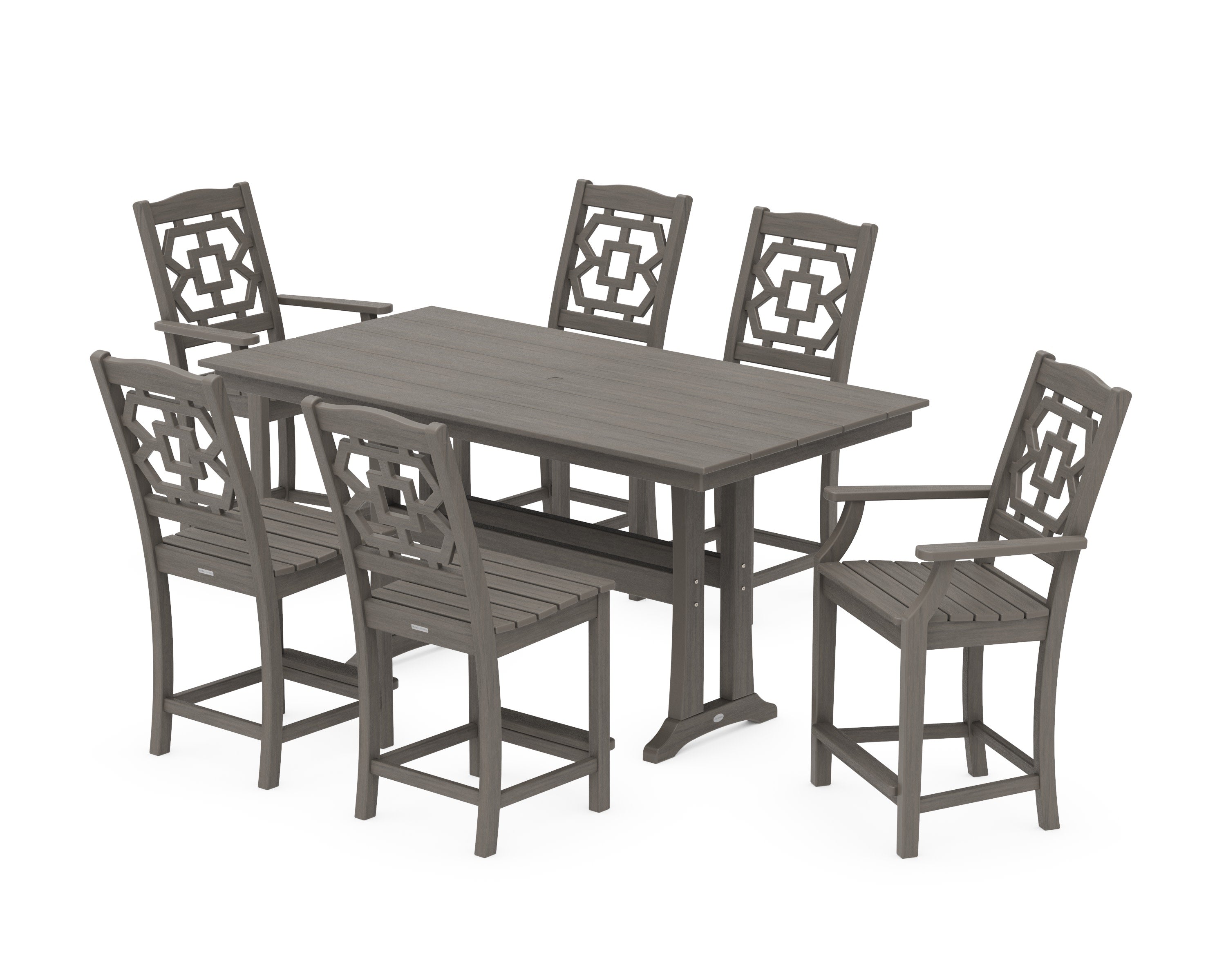 Chinoiserie 7-Piece Farmhouse Counter Set with Trestle Legs in Driftwood