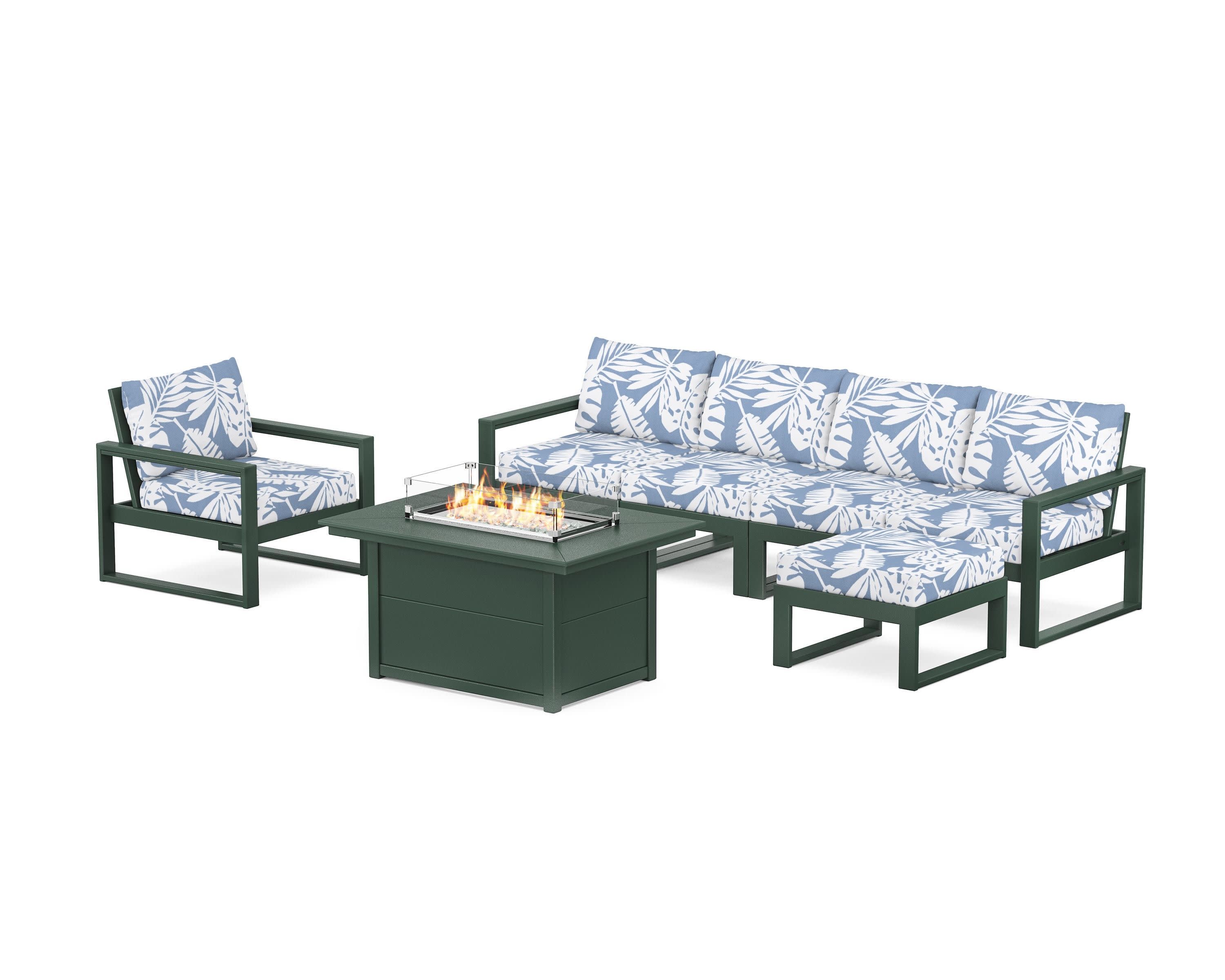 EDGE Sectional Lounge and Fire Pit Set in Green / Leaf Sky Blue