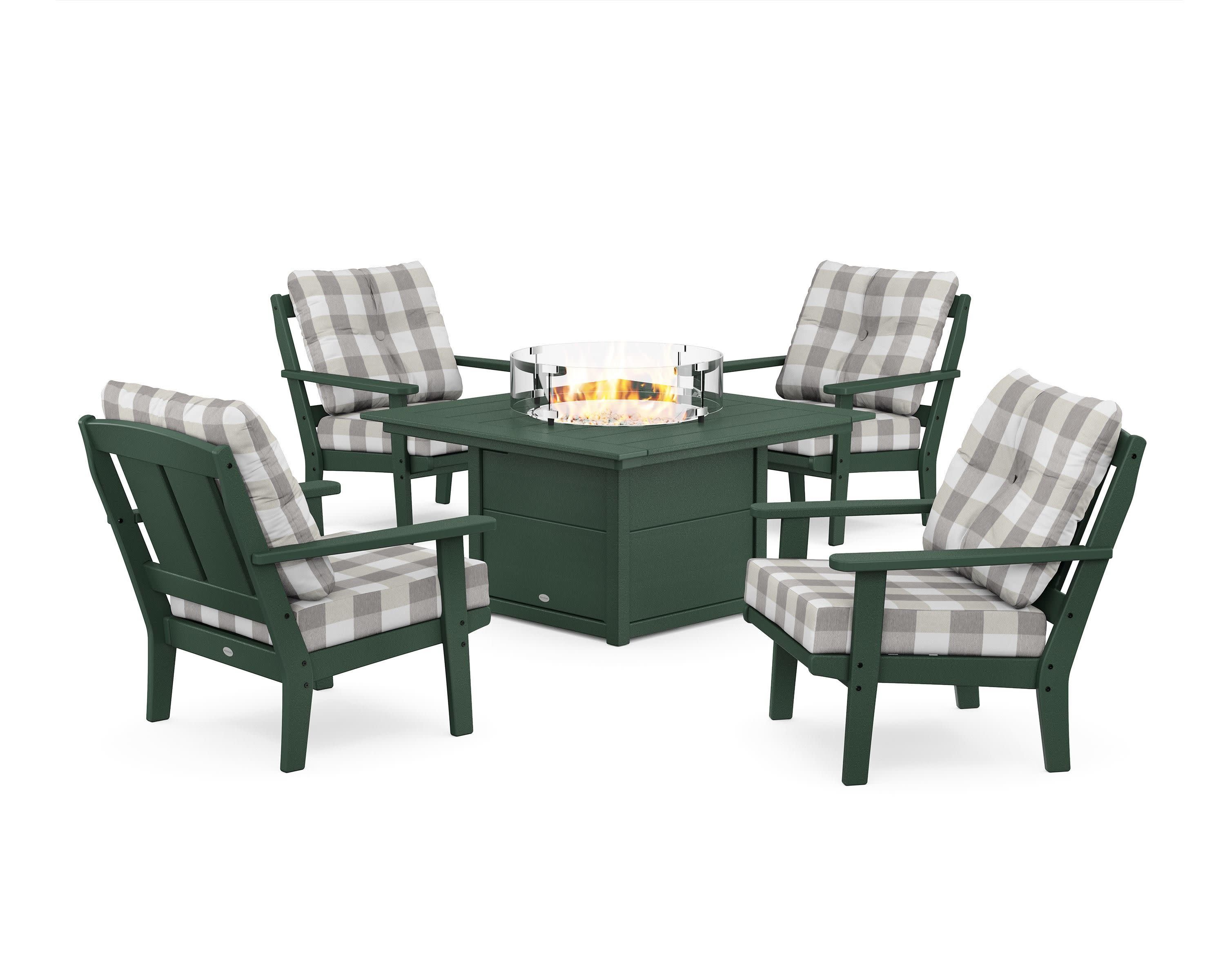 Mission 5-Piece Deep Seating Set with Fire Pit Table in Green / Buffalo Plaid Grey Mist