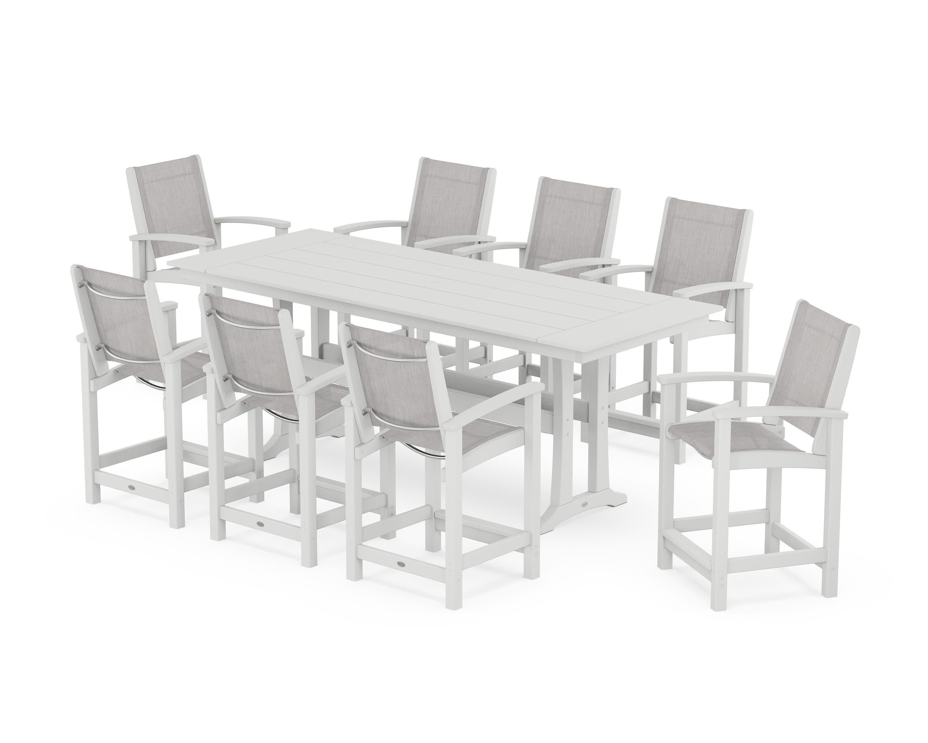 Coastal 9-Piece Farmhouse Counter Set with Trestle Legs in White / Parchment Sling
